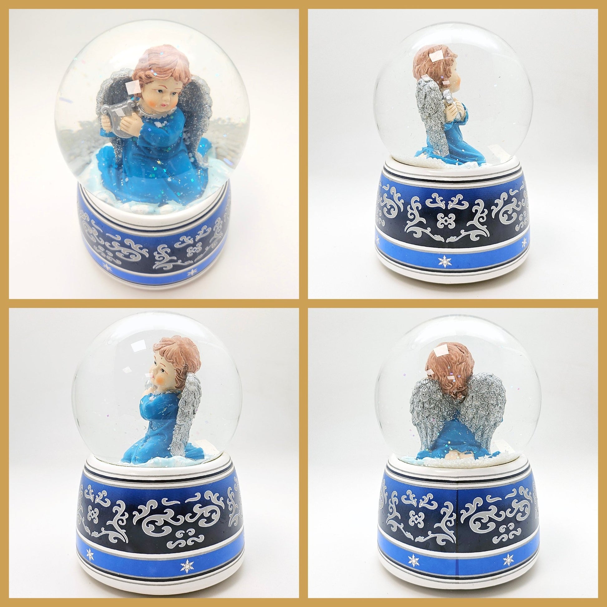 Schneekugel Engel blau mit Harfe mit Spieluhr 100 mm Durchmesser - Schneekugelhaus