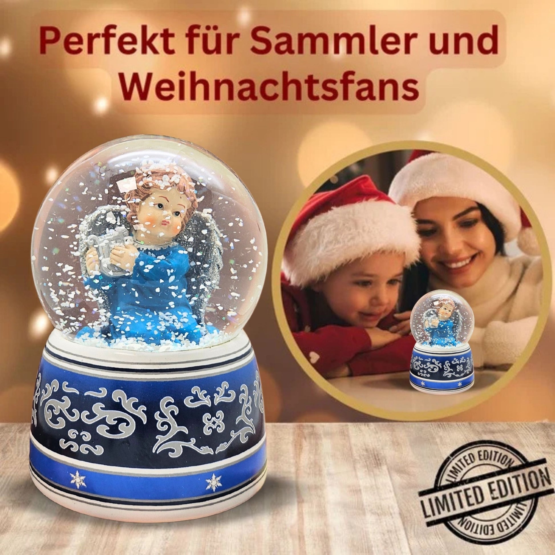 Schneekugel Engel blau mit Harfe mit Spieluhr 100 mm Durchmesser - Schneekugelhaus