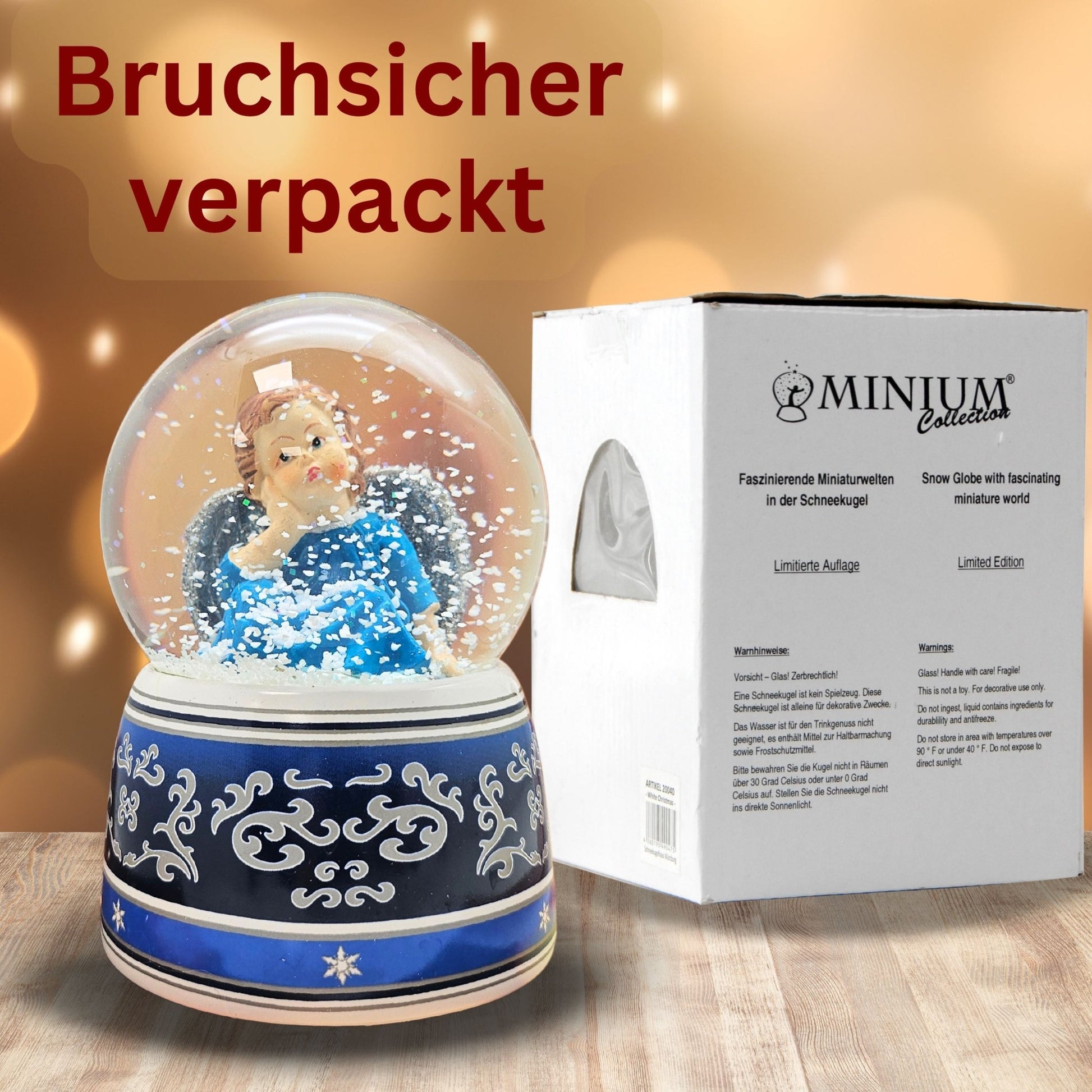 Schneekugel Engel blau mit Spieluhr Wassermusik 100 mm Durchmesser - Schneekugelhaus