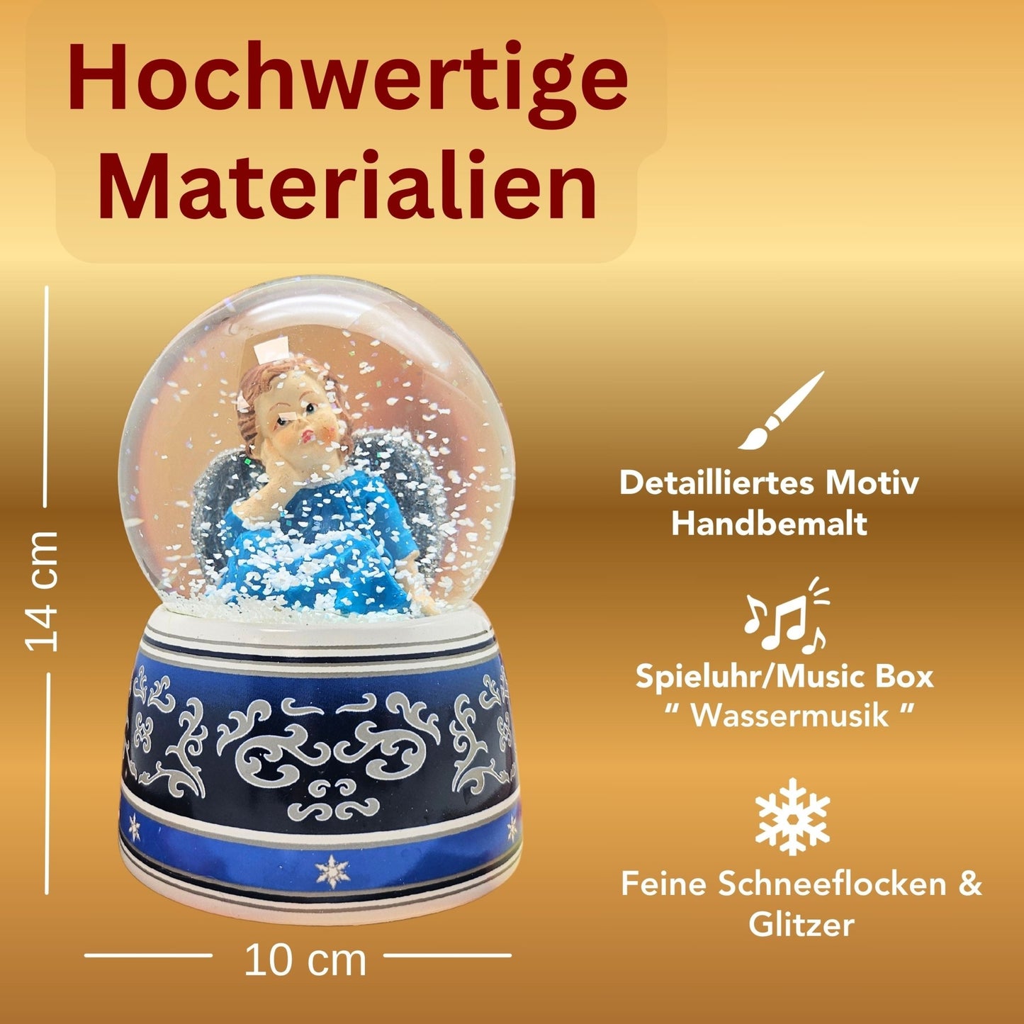 Schneekugel Engel blau mit Spieluhr Wassermusik 100 mm Durchmesser - Schneekugelhaus