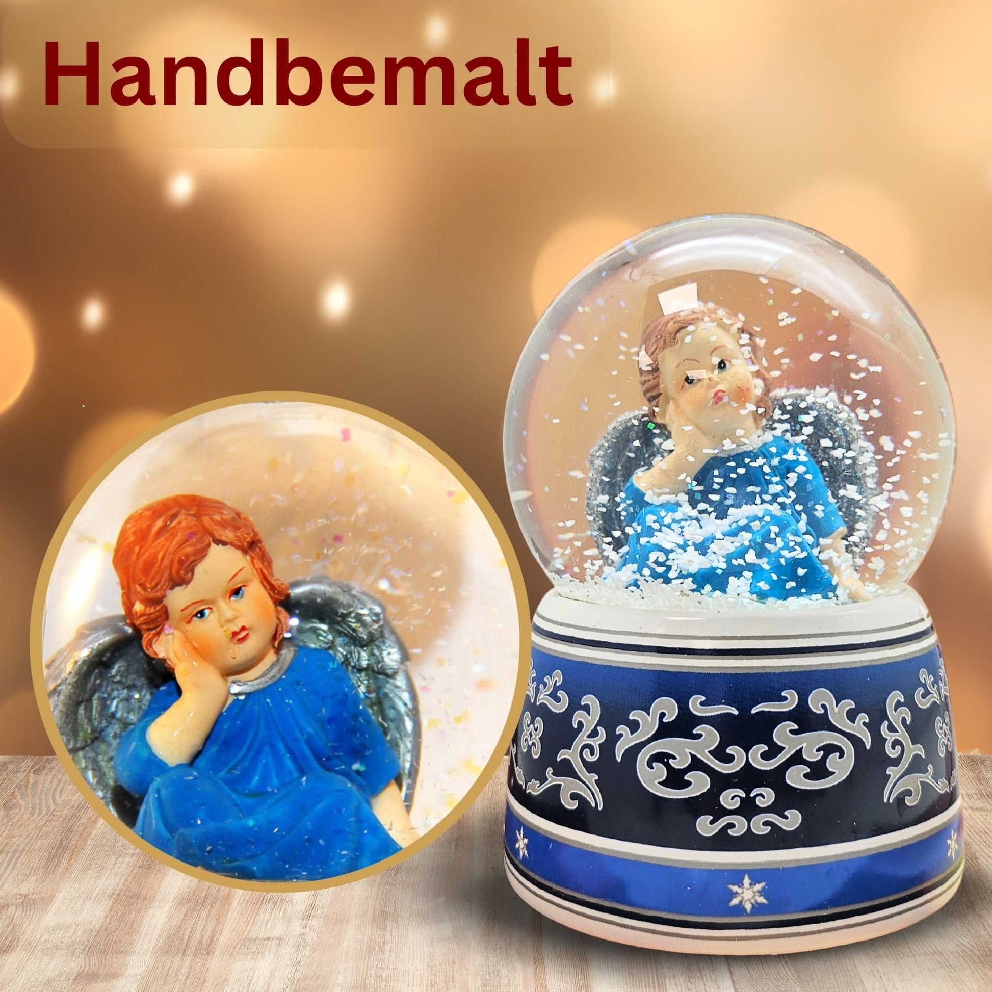 Schneekugel Engel blau mit Spieluhr Wassermusik 100 mm Durchmesser - Schneekugelhaus