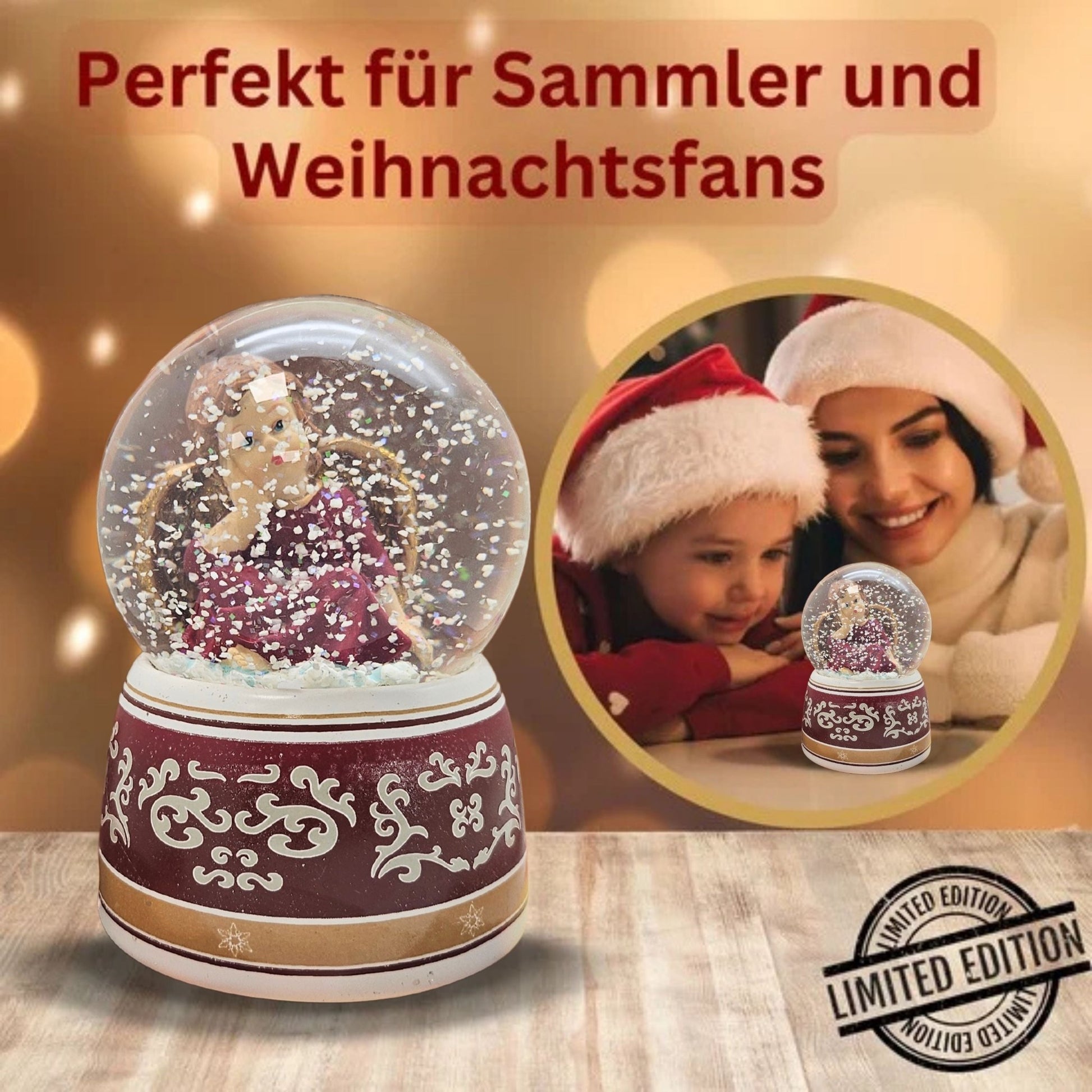 Schneekugel Engel rot mit Spieluhr 100 mm Durchmesser - Schneekugelhaus