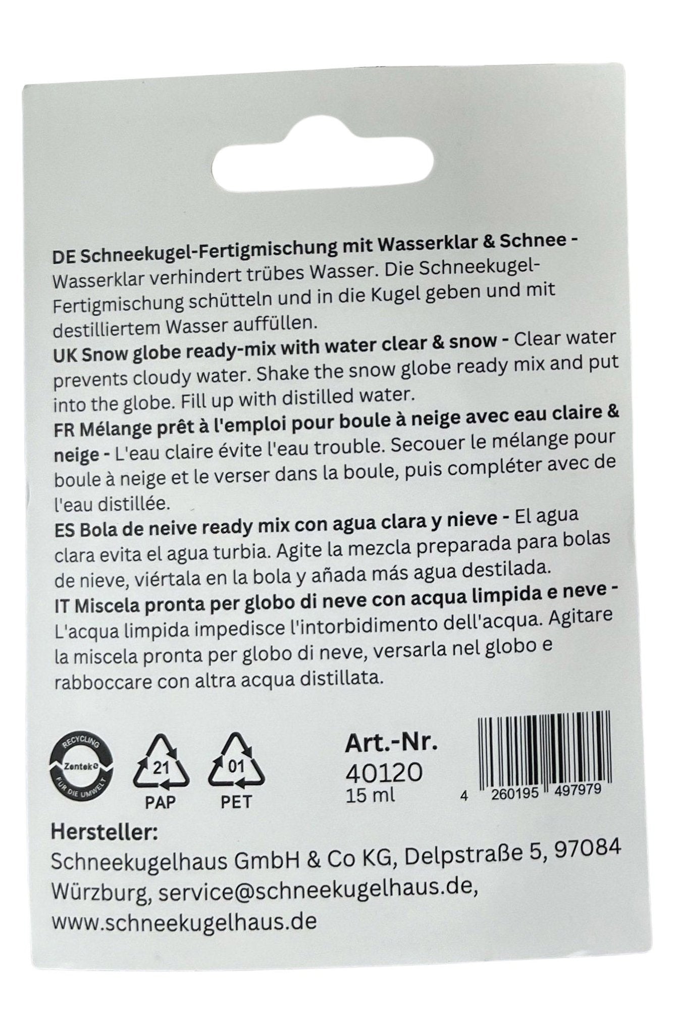Schneekugel - Fertigmischung mit Wasserklar & feinem Schnee - Schneekugelhaus