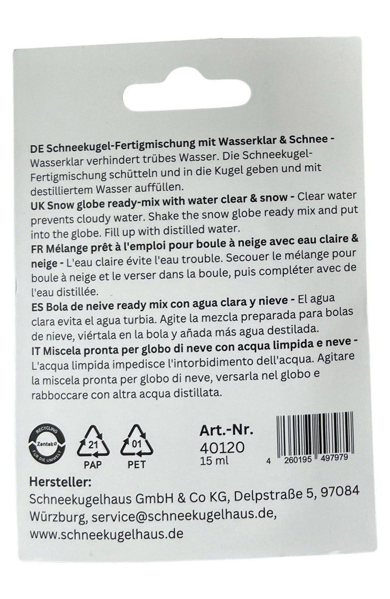 Schneekugel - Fertigmischung mit Wasserklar & feinem Schnee - Schneekugelhaus