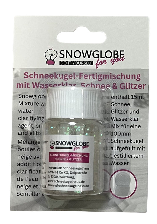 Schneekugel - Fertigmischung mit Wasserklar, feinem Schnee & Glitzer - Schneekugelhaus
