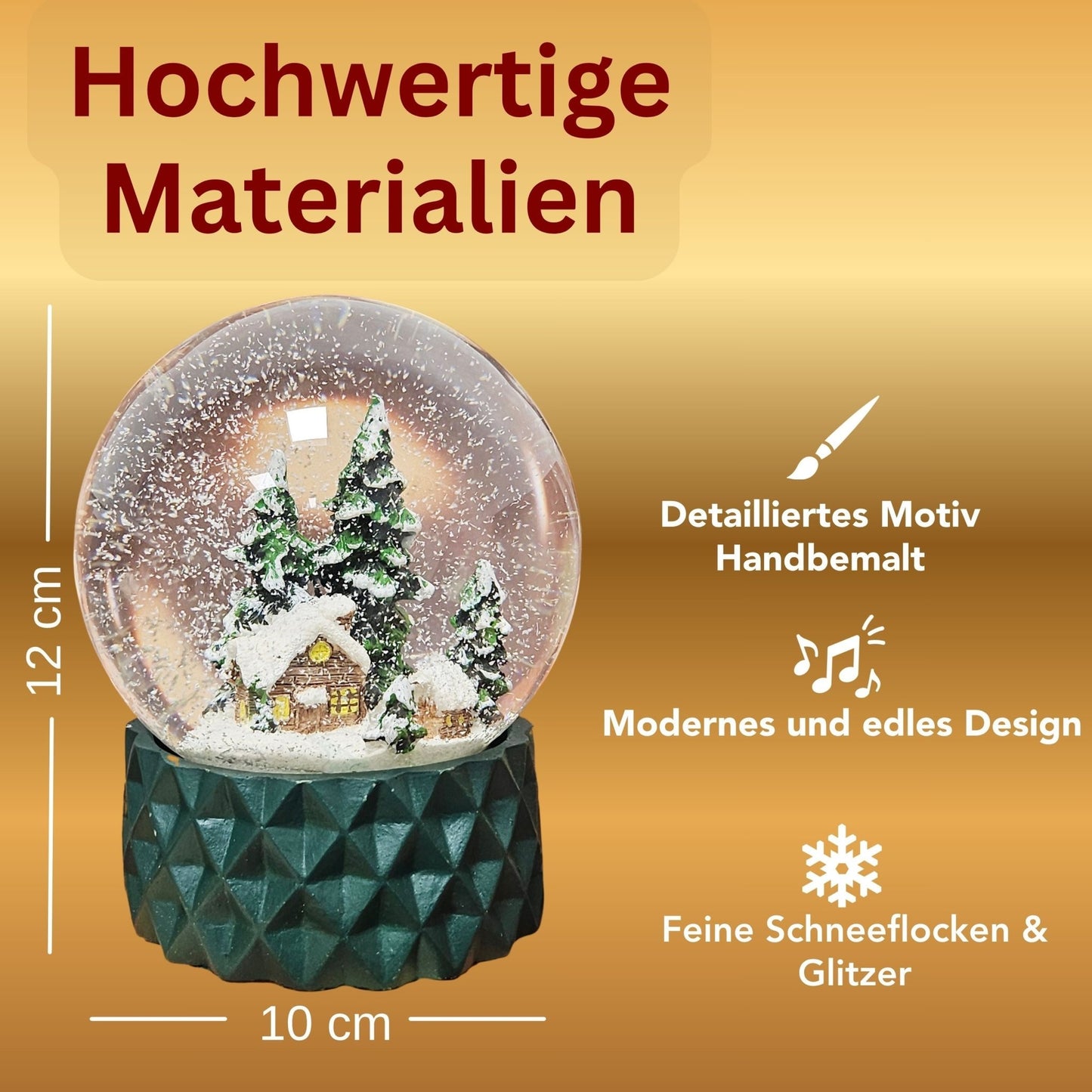 Schneekugel Hüttenzauber auf Sockel grün kubisch "PURE - Line" 10 cm Durchmesser - Schneekugelhaus