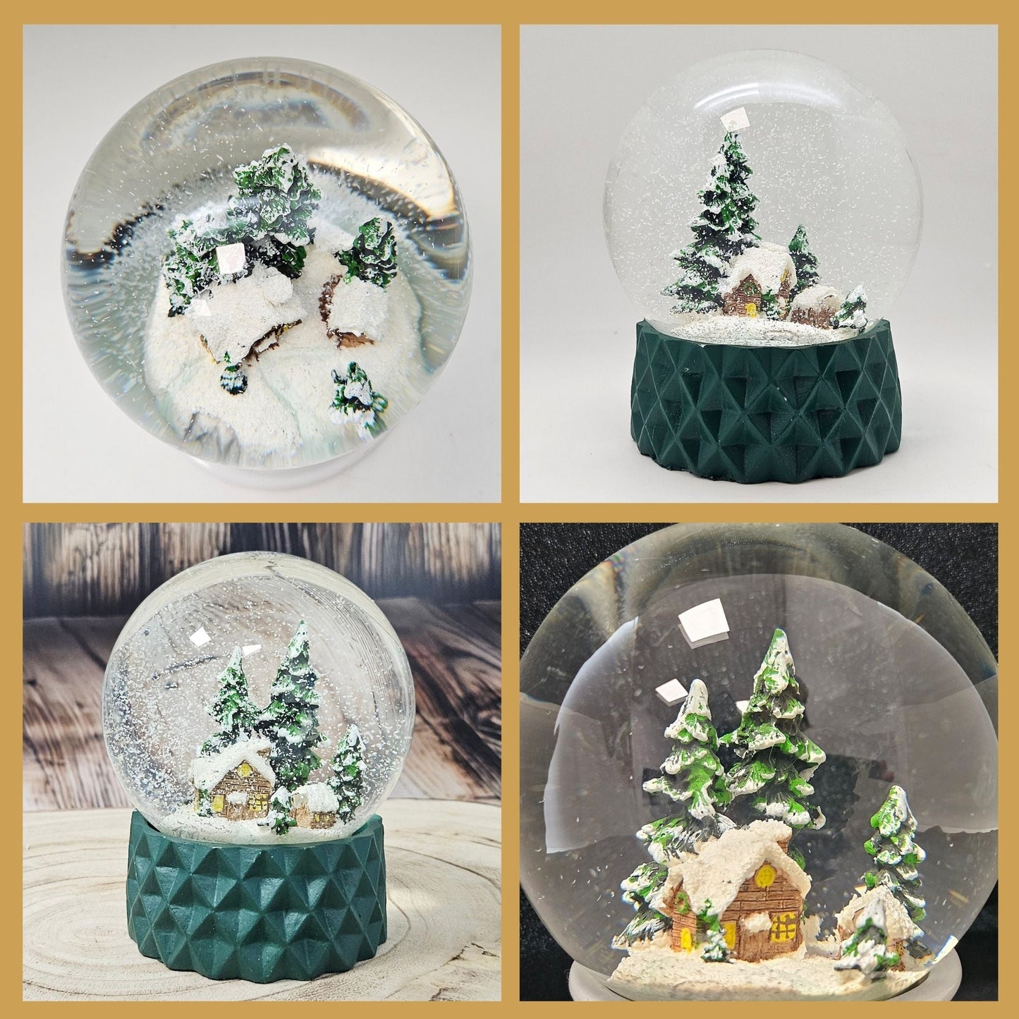 Schneekugel Hüttenzauber auf Sockel grün kubisch "PURE - Line" 10 cm Durchmesser - Schneekugelhaus