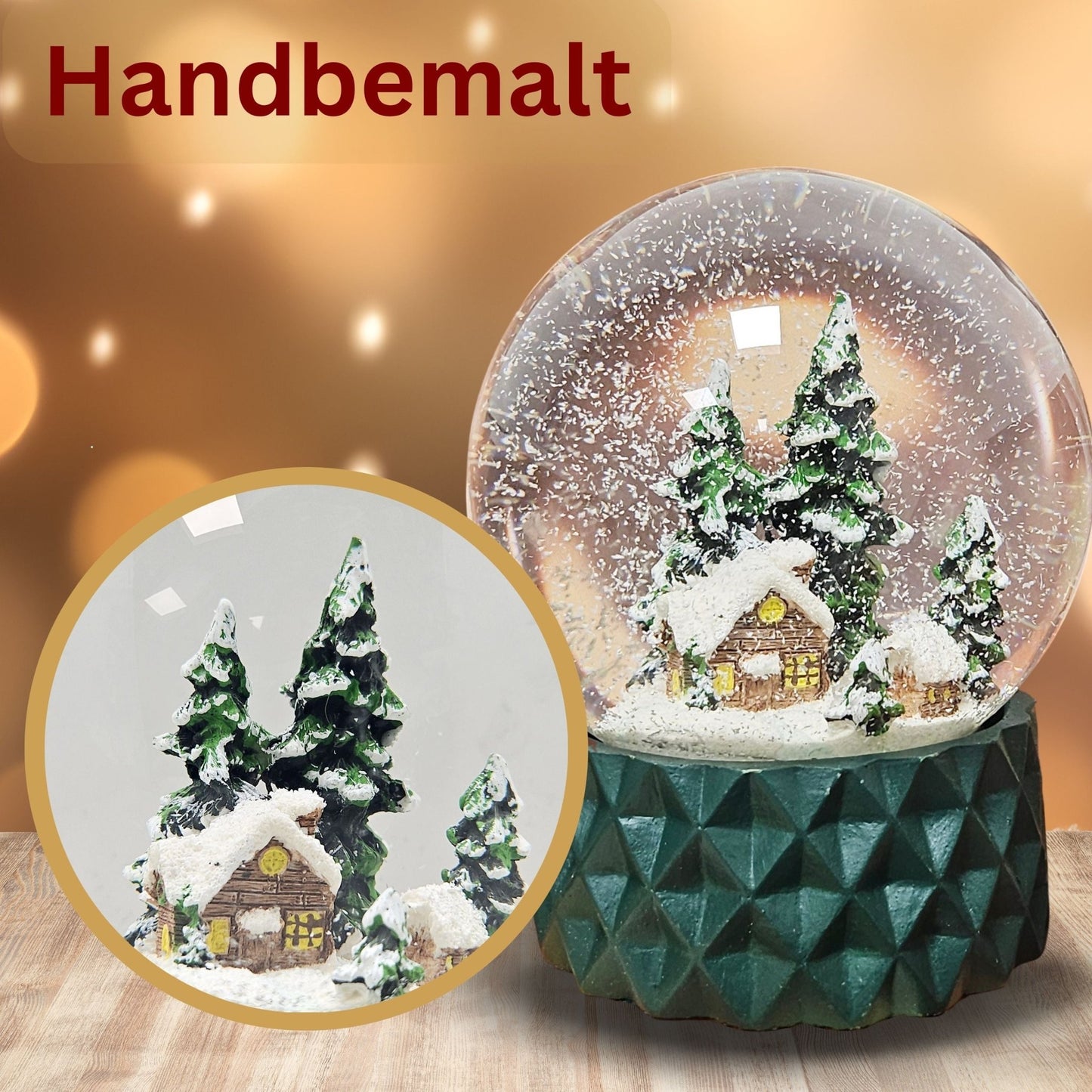 Schneekugel Hüttenzauber auf Sockel grün kubisch "PURE - Line" 10 cm Durchmesser - Schneekugelhaus