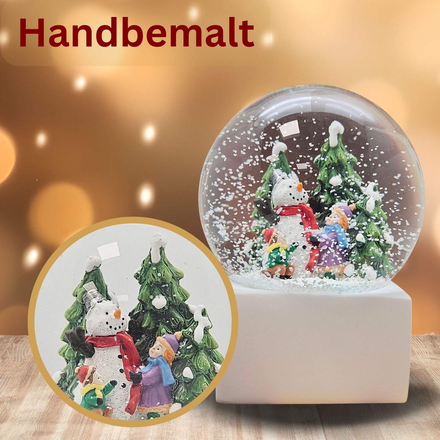 Schneekugel Kinder bauen Schneemann auf Sockel weiß eck "PURE - Line" 10 cm Durchmesser - Schneekugelhaus