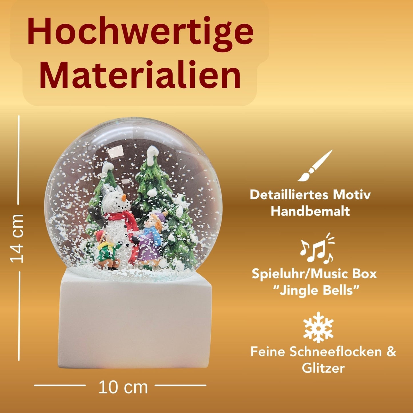 Schneekugel Kinder bauen Schneemann auf Sockel weiß eck "PURE - Line" 10 cm Durchmesser - Schneekugelhaus