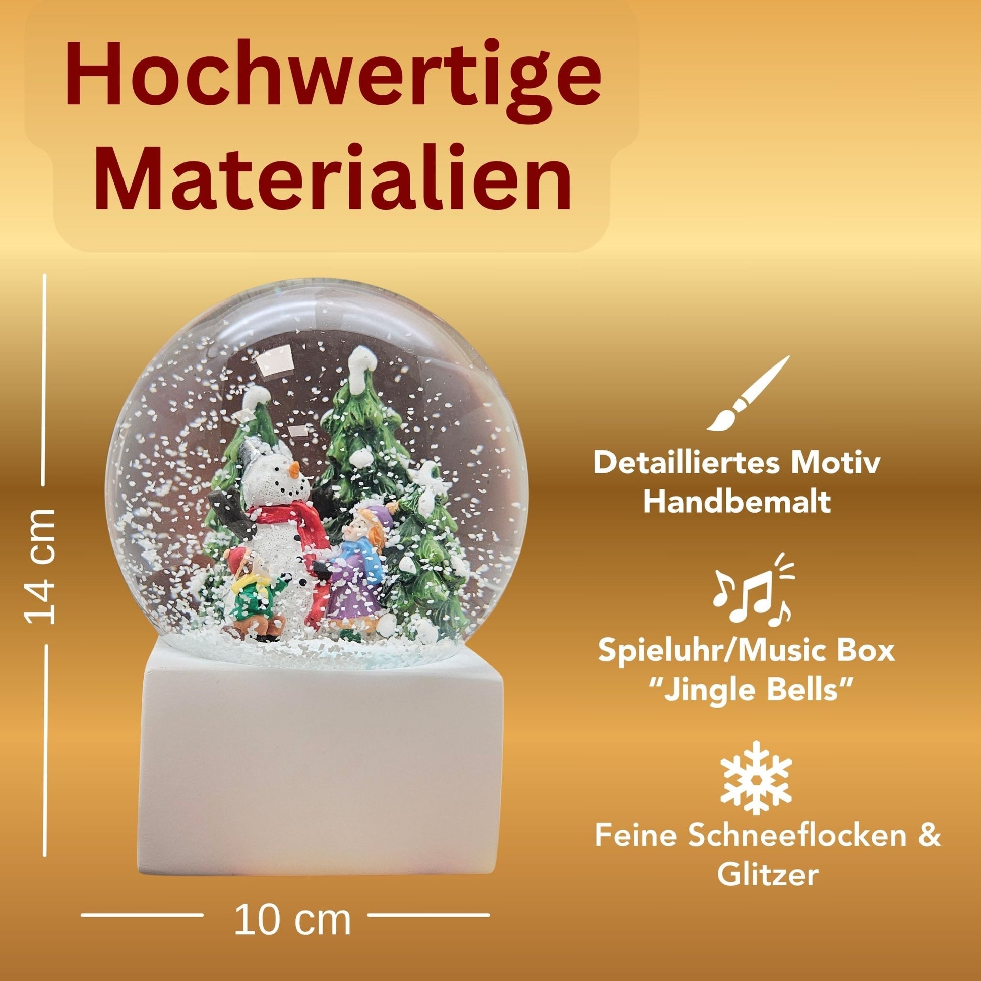 Schneekugel Kinder bauen Schneemann auf Sockel weiß eck "PURE - Line" 10 cm Durchmesser - Schneekugelhaus