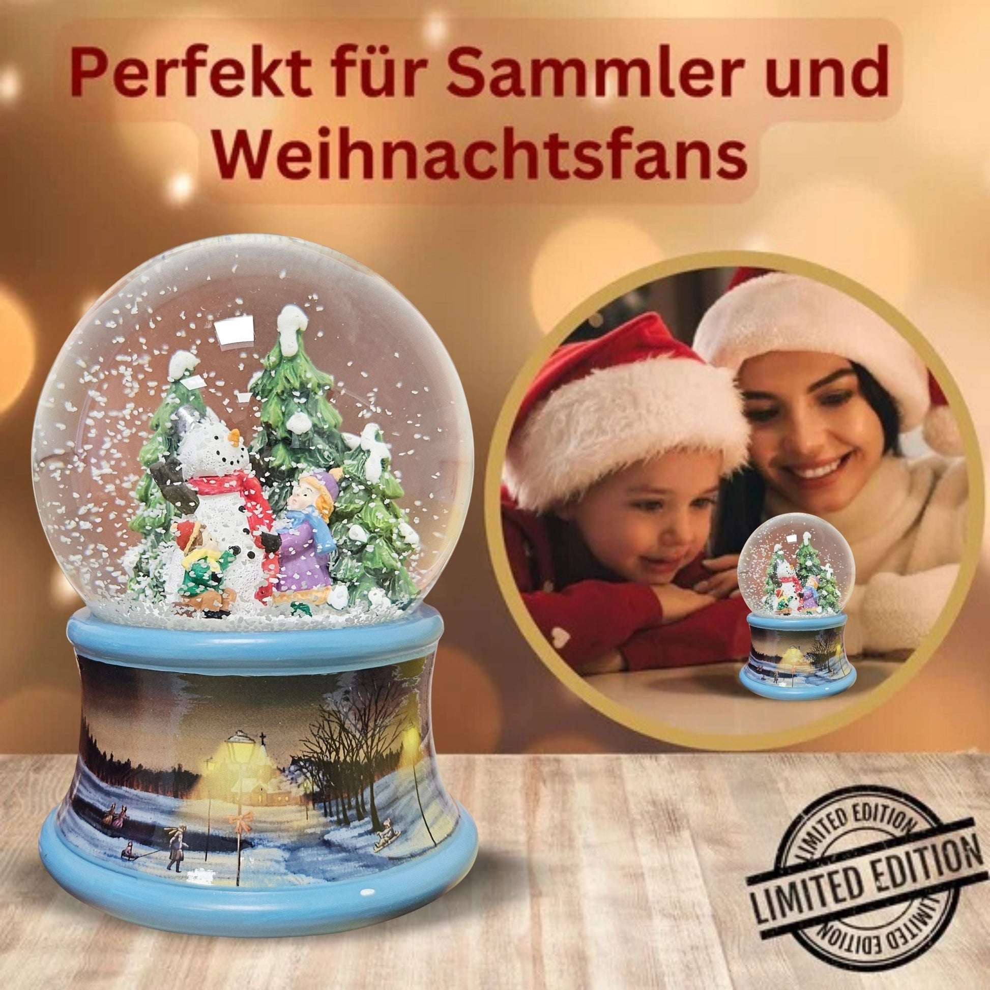 Schneekugel Kinder bauen Schneemann auf Sockel Winterlandschaft Eisläufer blau mit Spieluhr 10 cm Durchmesser - Schneekugelhaus