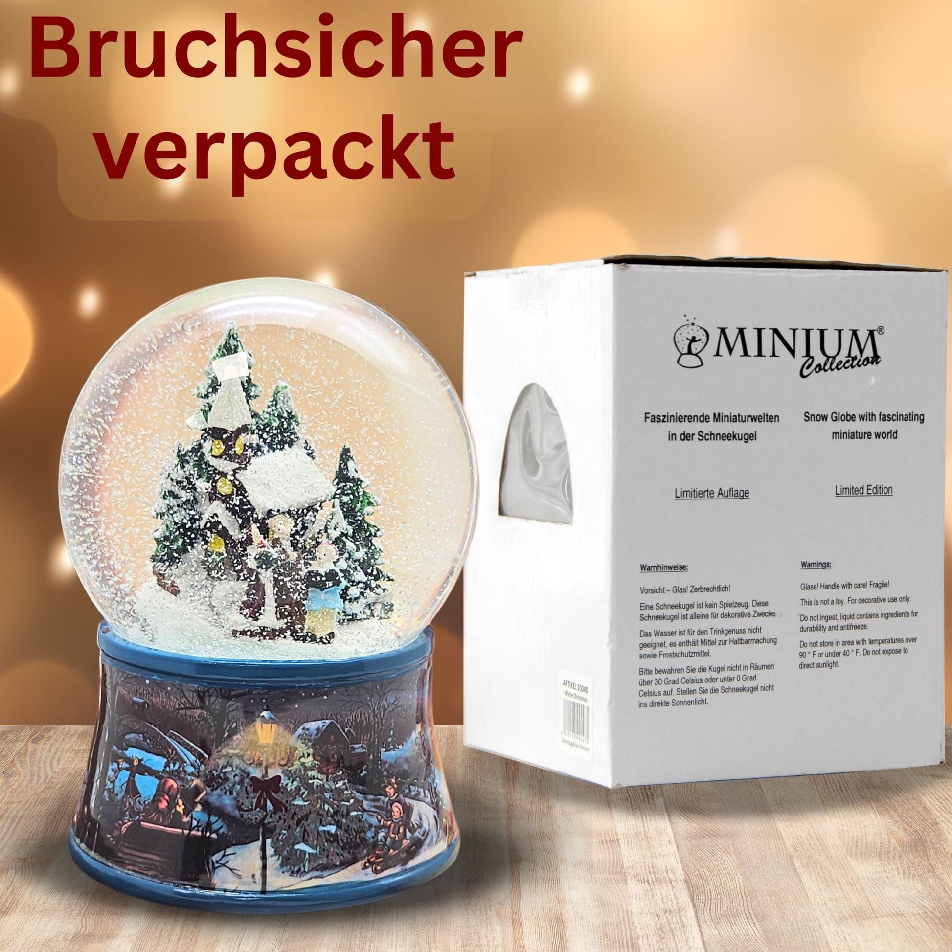 Schneekugel Romantischer Winterspaziergang auf Sockel nostalgischer Weihnachtsmarkt mit Spieluhr - Schneekugelhaus