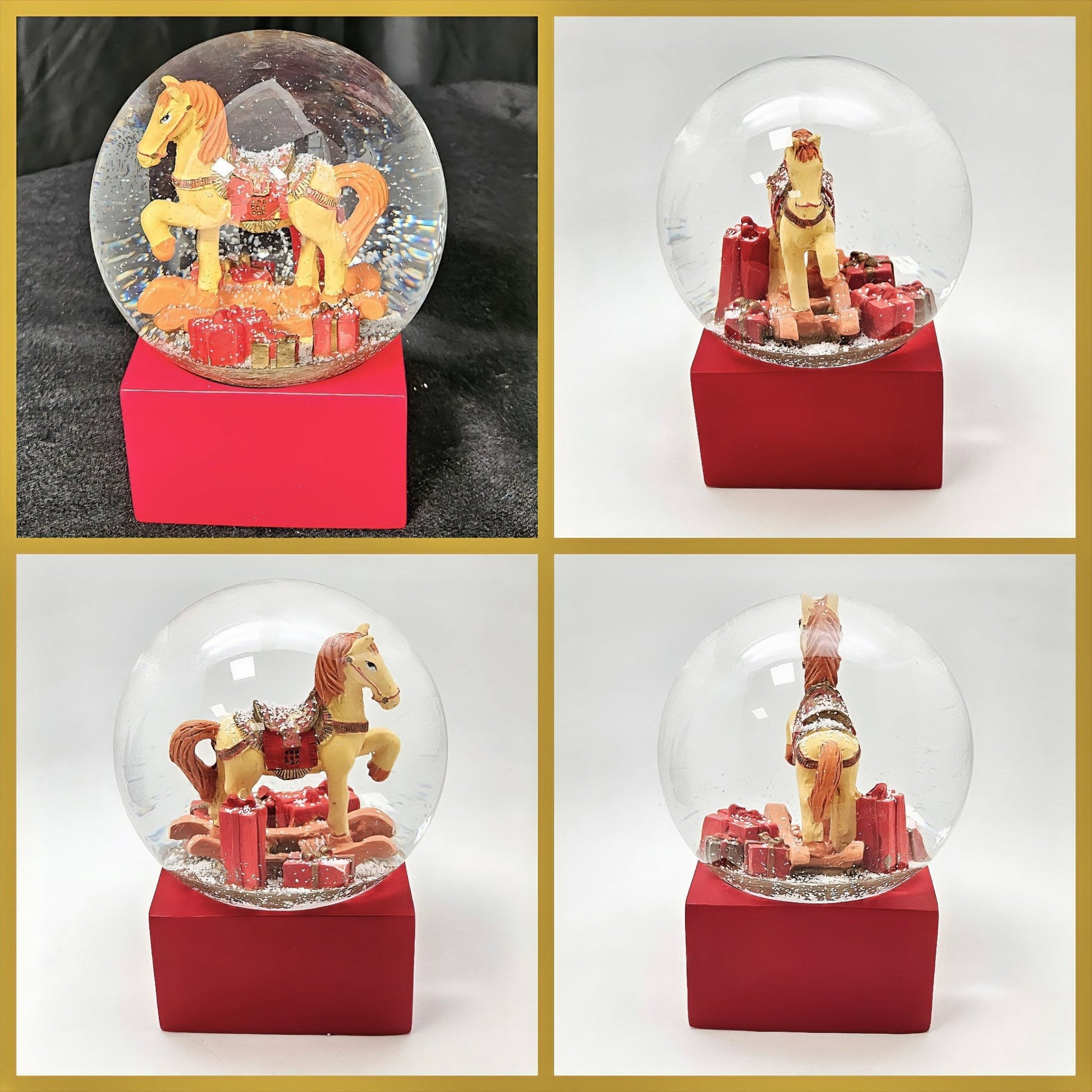 Schneekugel Schaukelpferd mit Geschenken rot eck "PURE - Line" 10 cm Durchmesser - Schneekugelhaus