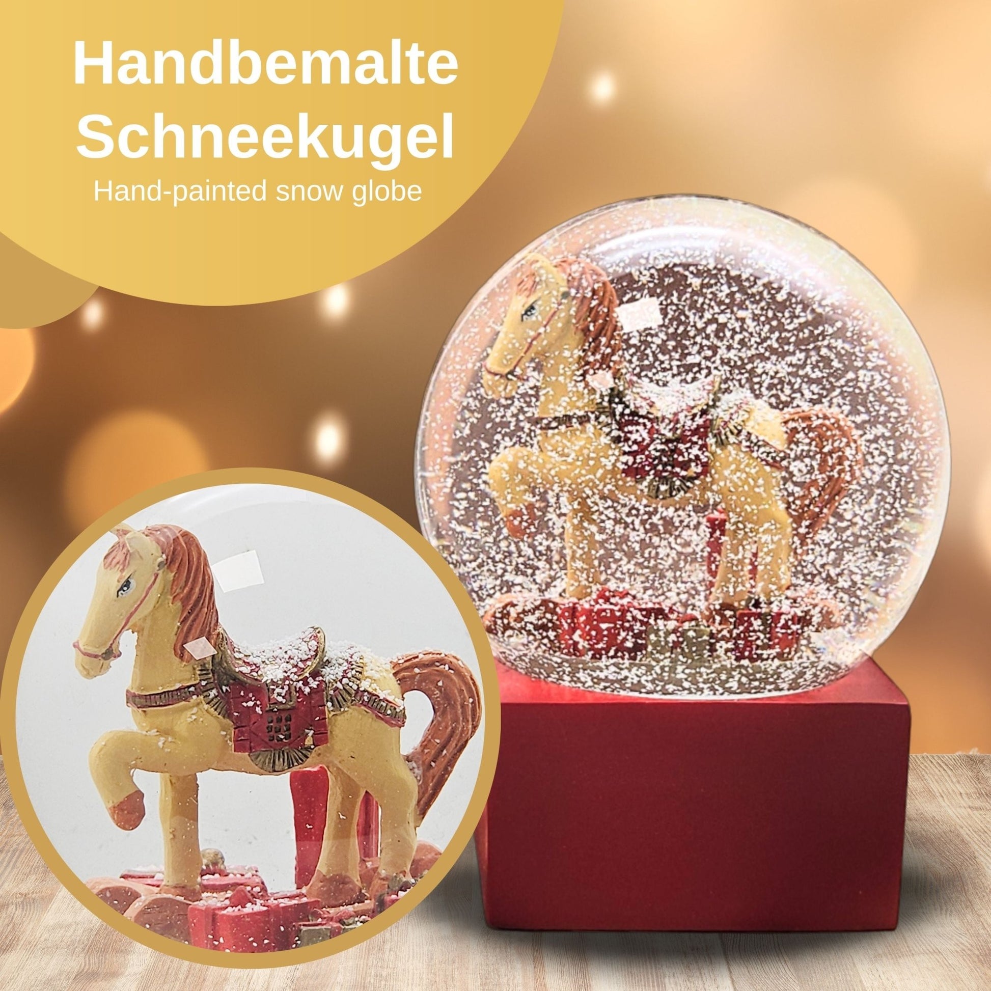 Schneekugel Schaukelpferd mit Geschenken rot eck "PURE - Line" 10 cm Durchmesser - Schneekugelhaus