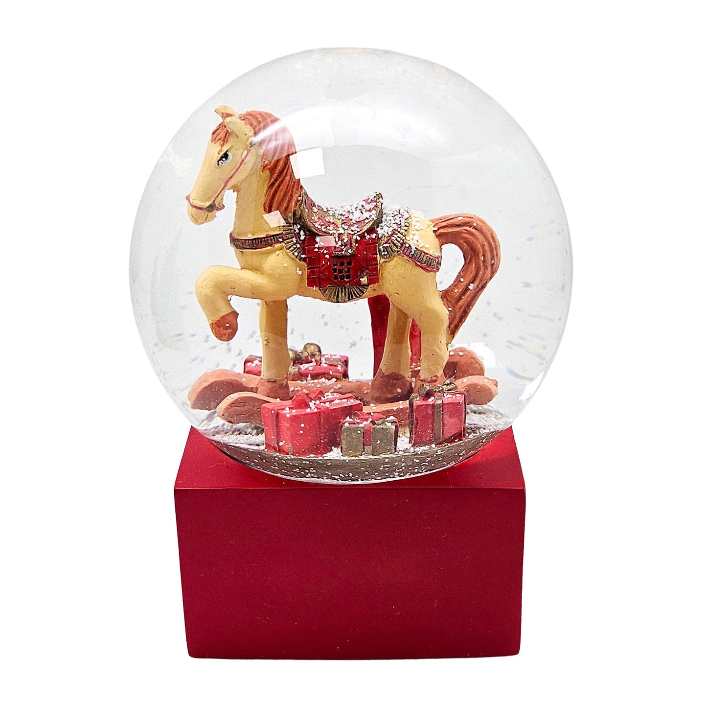 Schneekugel Schaukelpferd mit Geschenken rot eck "PURE - Line" 10 cm Durchmesser - Schneekugelhaus