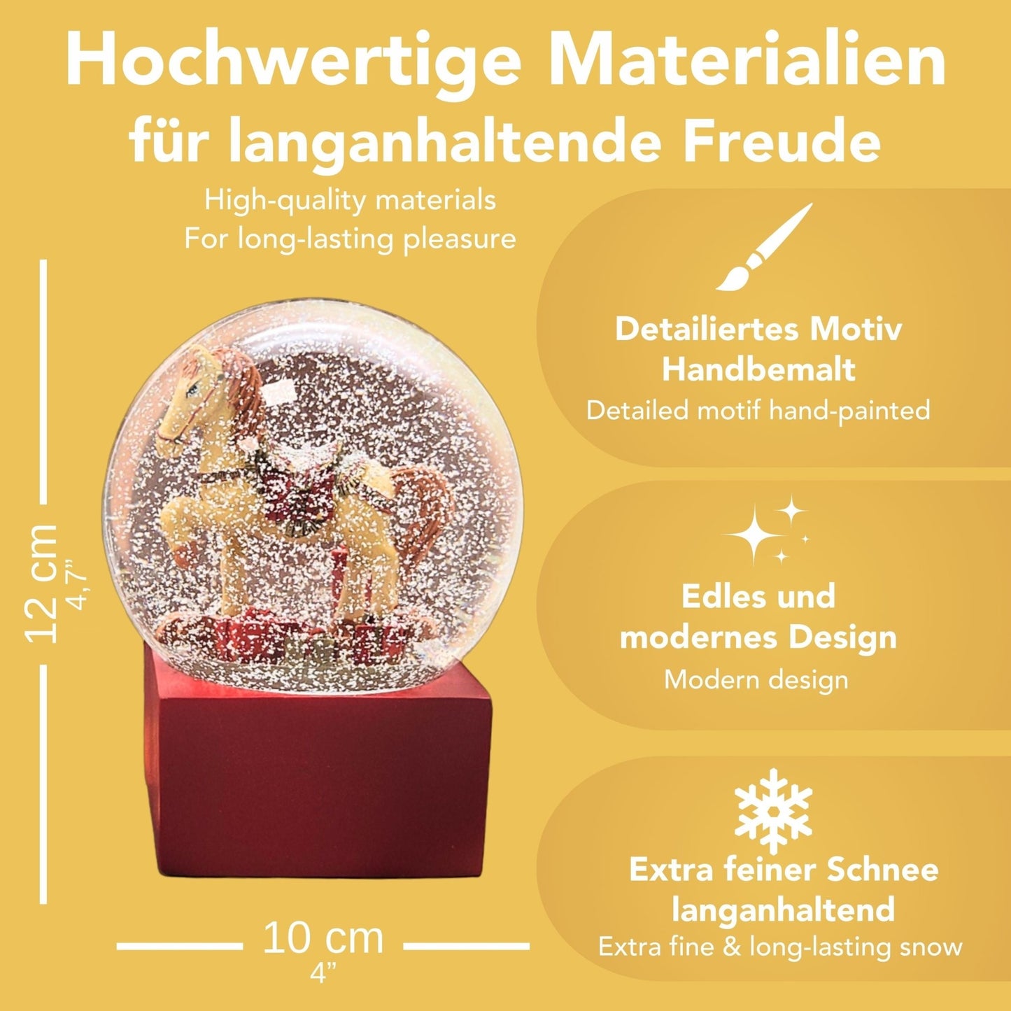 Schneekugel Schaukelpferd mit Geschenken rot eck "PURE - Line" 10 cm Durchmesser - Schneekugelhaus