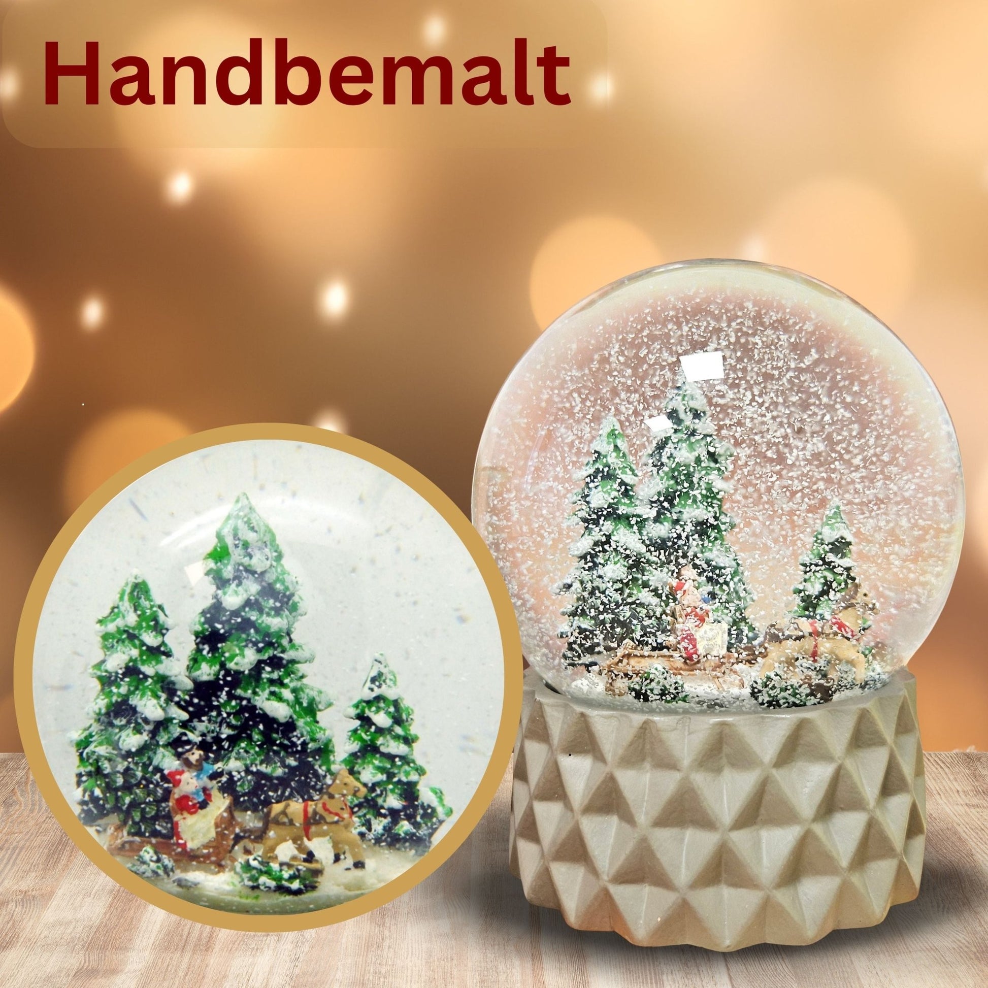 Schneekugel Schlittenfahrt auf Sockel sand farben kubisch "PURE - Line" 10 cm Durchmesser - Schneekugelhaus