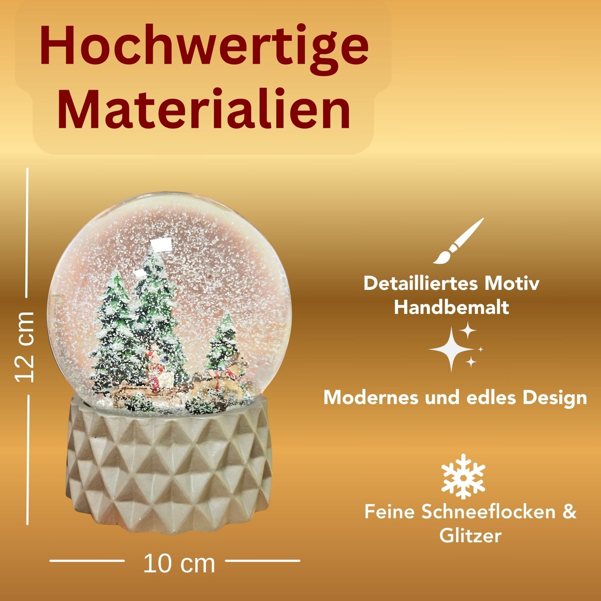Schneekugel Schlittenfahrt auf Sockel sand farben kubisch "PURE - Line" 10 cm Durchmesser - Schneekugelhaus