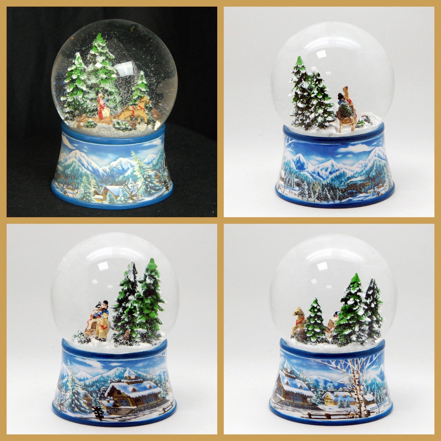 Schneekugel Schlittenfahrt auf Sockel Winterlandschaft mit Spieluhr 10 cm Durchmesser - Schneekugelhaus