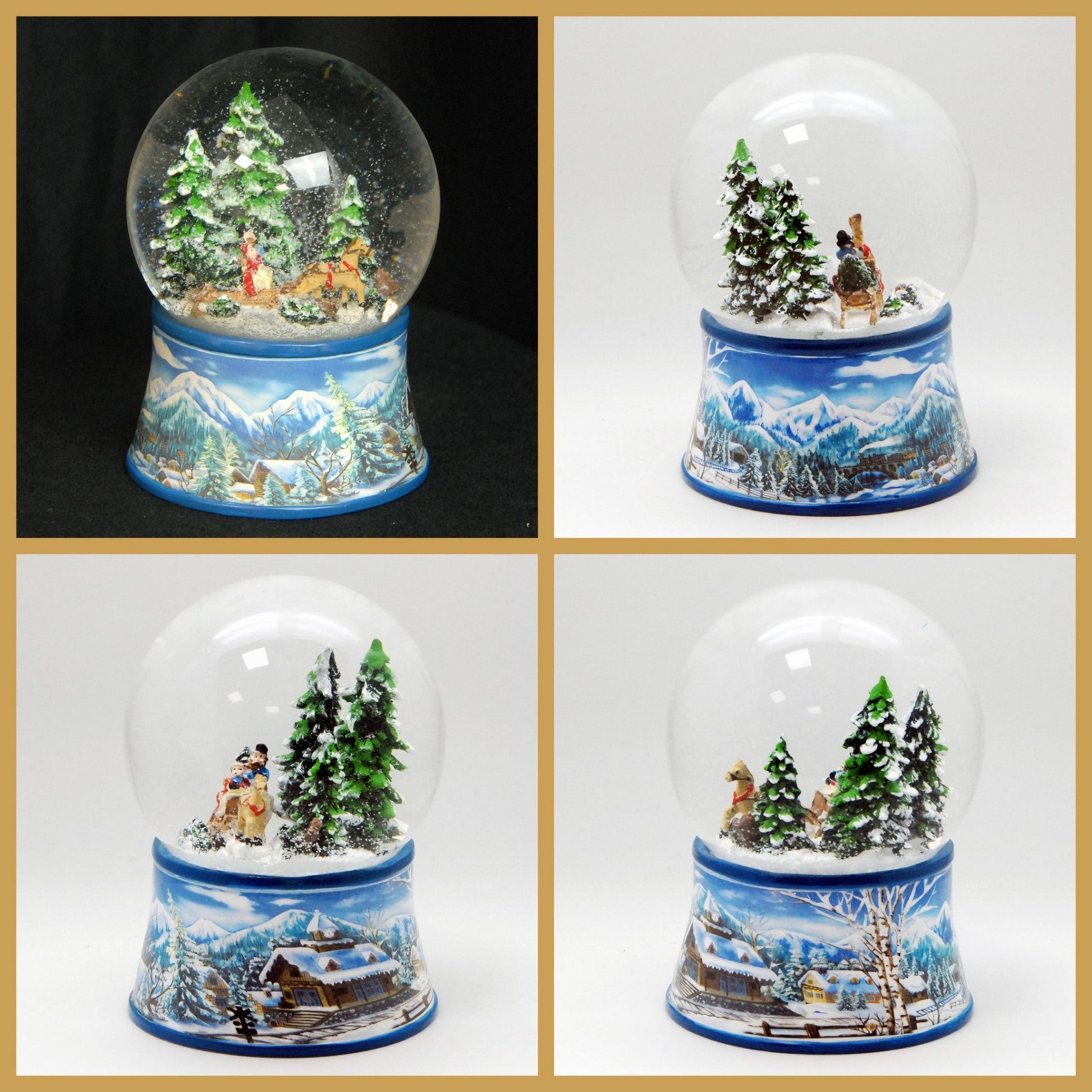 Schneekugel Schlittenfahrt auf Sockel Winterlandschaft mit Spieluhr 10 cm Durchmesser - Schneekugelhaus