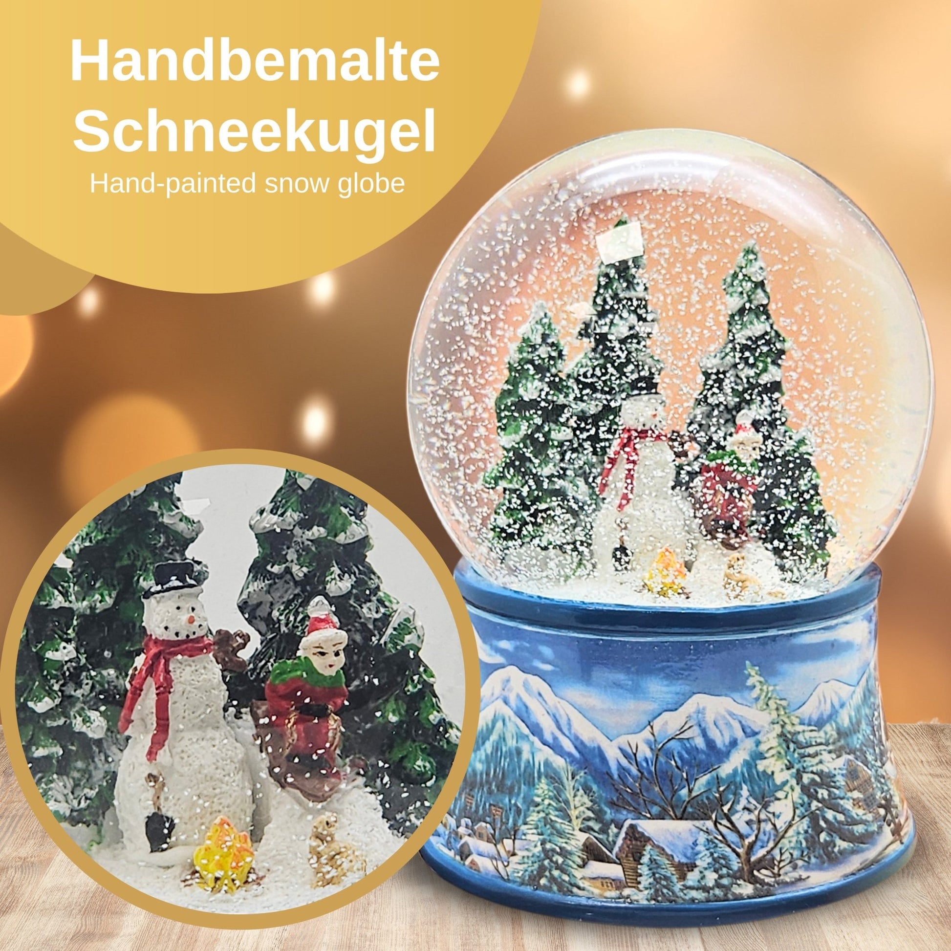 Schneekugel Schneemann mit Kind auf Schlitten mit Spieluhr 10 cm Durchmesser - Schneekugelhaus