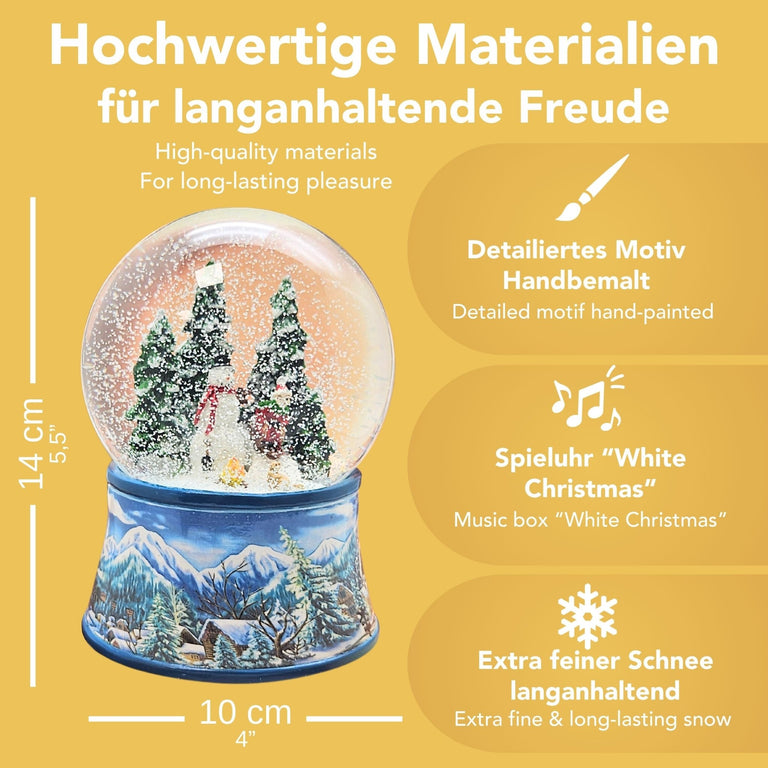 Schneekugel Schneemann mit Kind auf Schlitten mit Spieluhr 10 cm Durchmesser - Schneekugelhaus