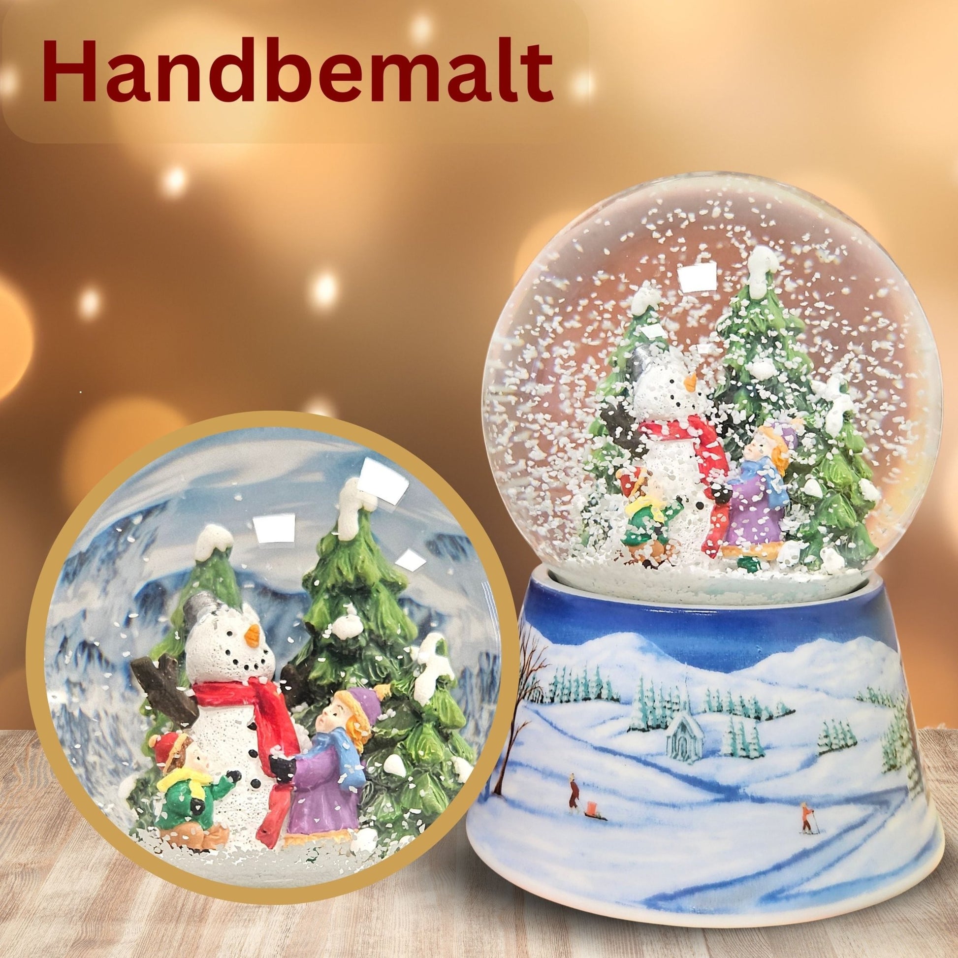 Schneekugel Schneemann zwei Kinder auf Sockel Winterlandschaft mittelblau mit Spieluhr 10 cm Durchmesser - Schneekugelhaus