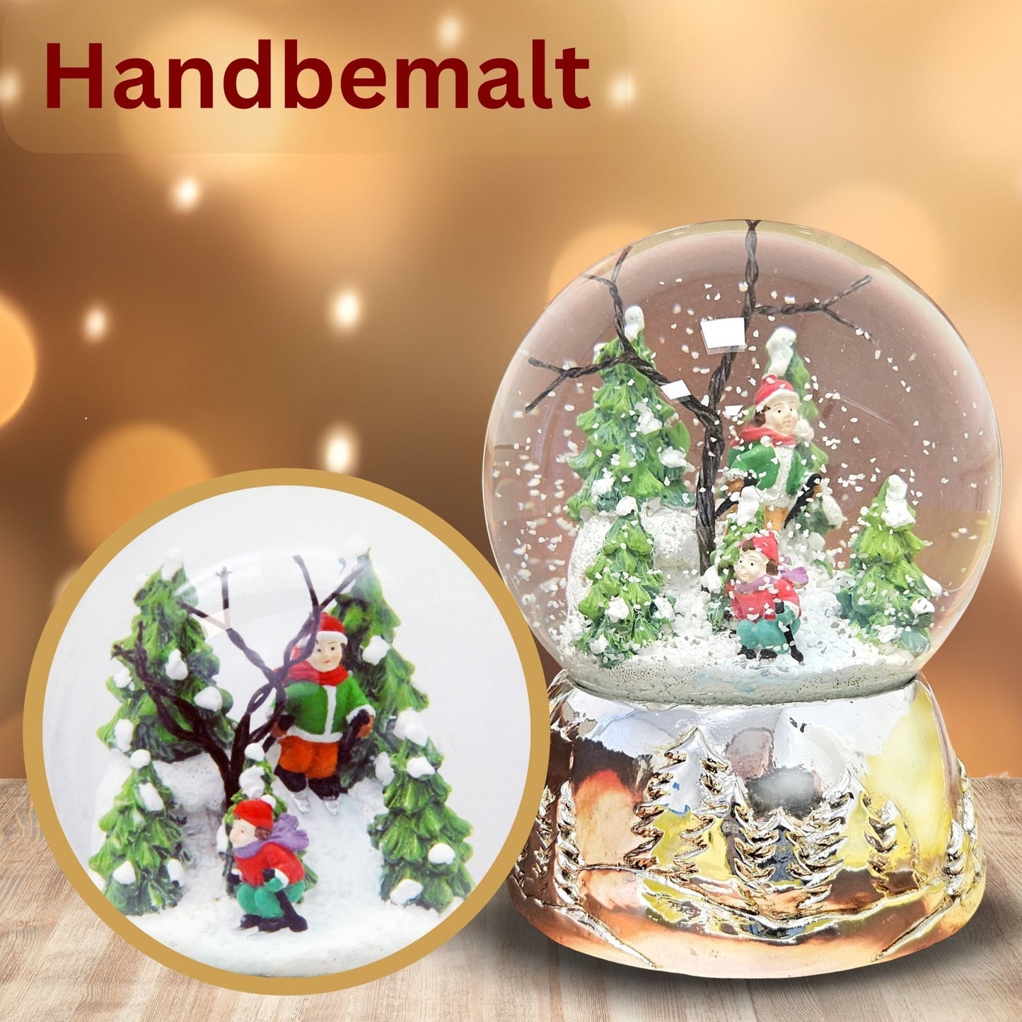 Schneekugel Skifahrer auf Silber Sockel Landschaft mit Spieluhr Stille Nacht, Heilige Nacht 10 cm Durchmesser - Schneekugelhaus