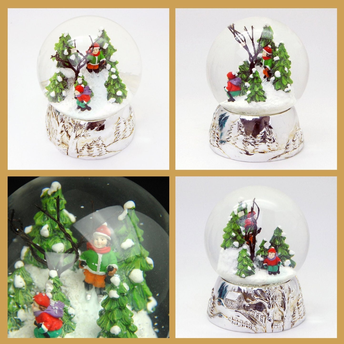 Schneekugel Skifahrer auf Silber Sockel Landschaft mit Spieluhr Stille Nacht, Heilige Nacht 10 cm Durchmesser - Schneekugelhaus