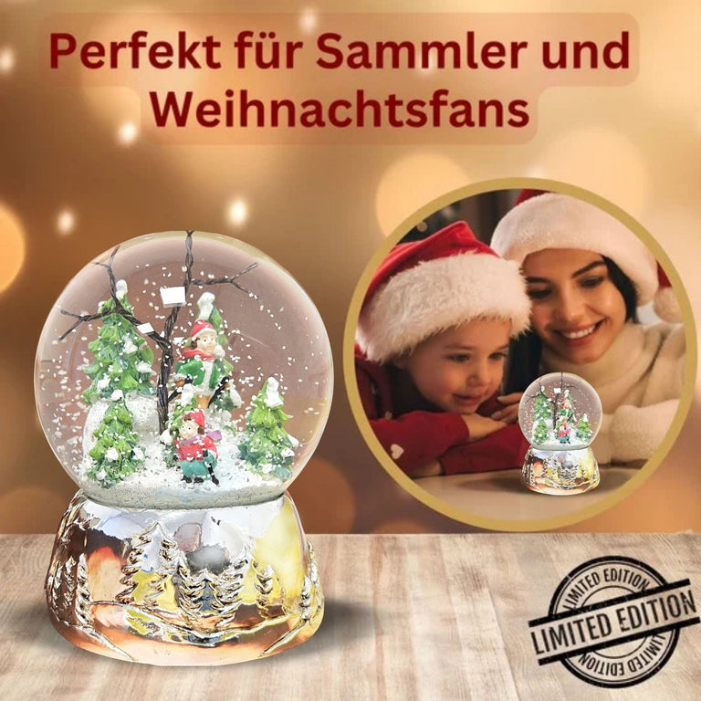 Schneekugel Skifahrer auf Silber Sockel Landschaft mit Spieluhr Stille Nacht, Heilige Nacht 10 cm Durchmesser - Schneekugelhaus