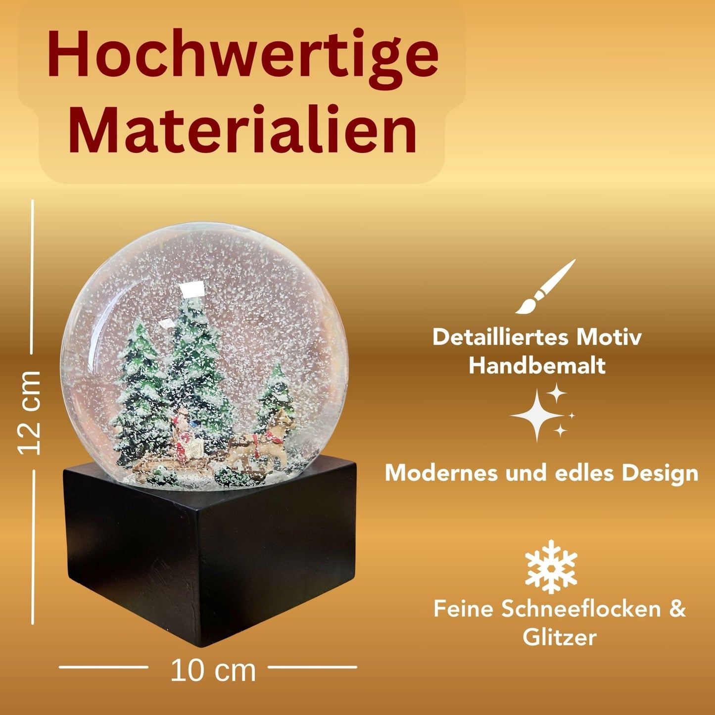 Schneekugel Weihnachts - Schlittenfahrt auf Sockel schwarz eckig "PURE - Line" 10 cm Durchmesser - Schneekugelhaus