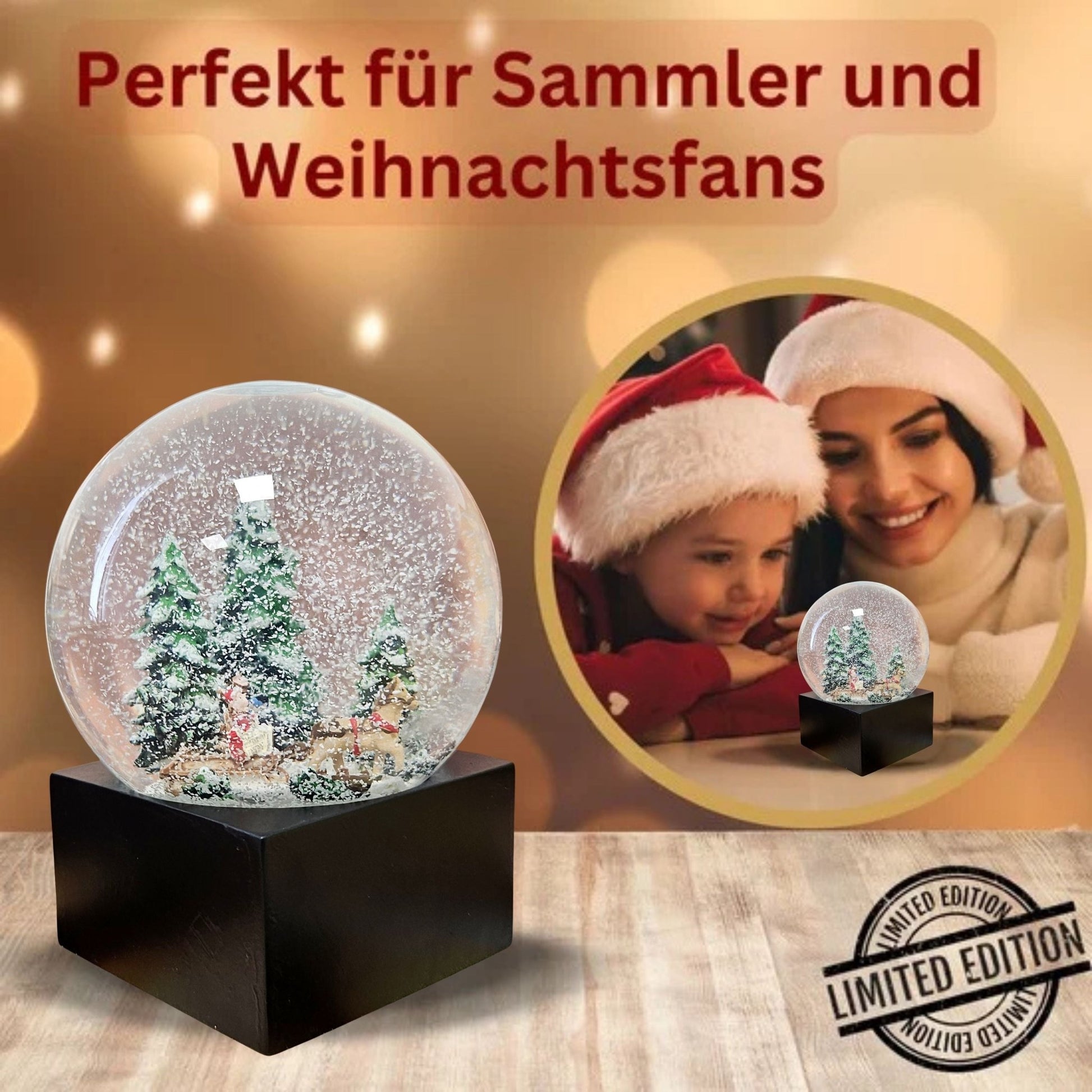 Schneekugel Weihnachts - Schlittenfahrt auf Sockel schwarz eckig "PURE - Line" 10 cm Durchmesser - Schneekugelhaus