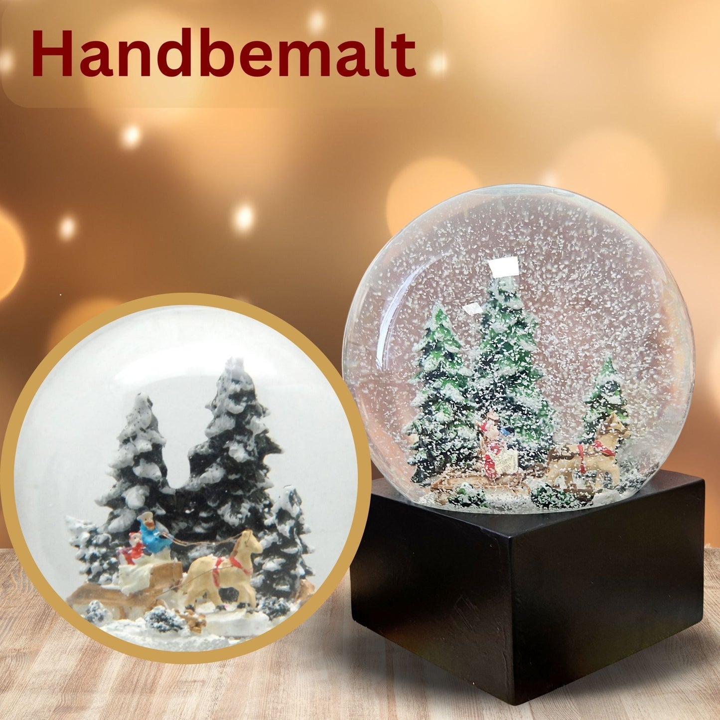Schneekugel Weihnachts - Schlittenfahrt auf Sockel schwarz eckig "PURE - Line" 10 cm Durchmesser - Schneekugelhaus