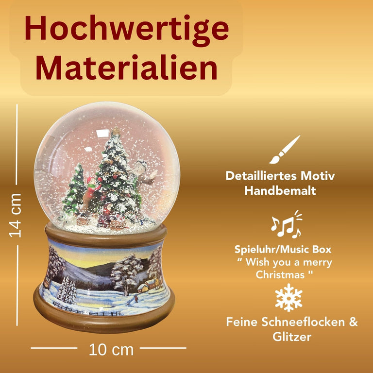 Schneekugel Weihnachtsbaum schmücken auf Sockel Winterlandschaft braun mit Spieluhr 10 cm Durchmesser - Schneekugelhaus