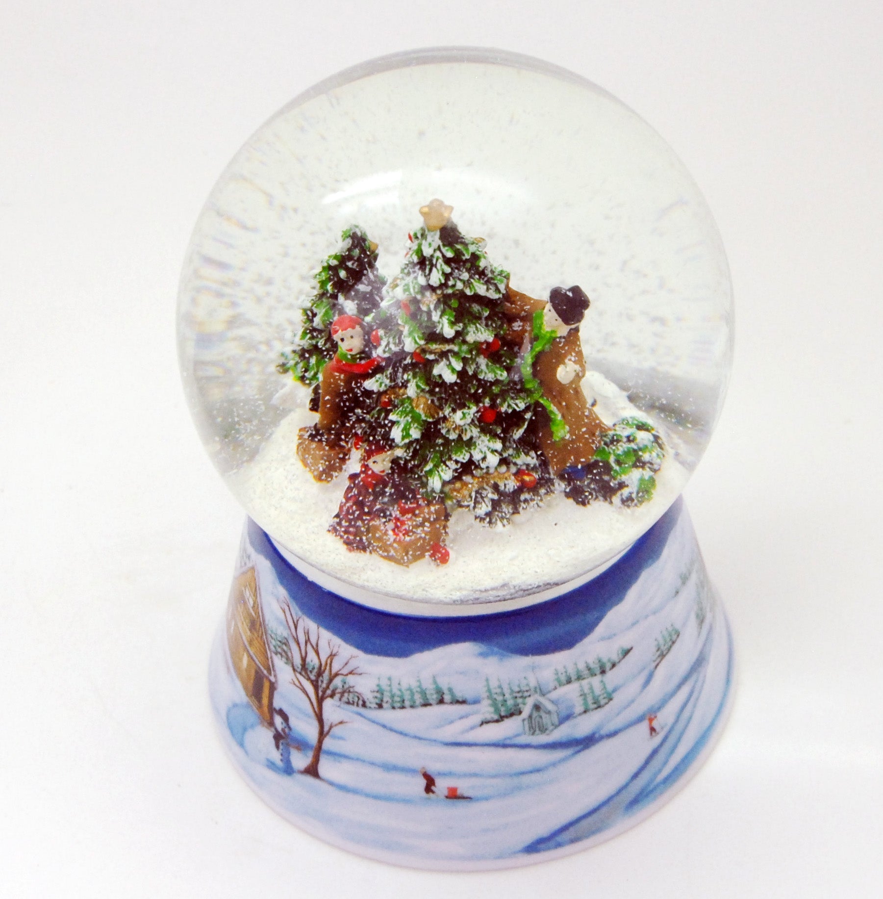 Schneekugel Weihnachtsbaum schmücken auf Sockel Winterlandschaft mittelblau mit Spieluhr 10 cm Durchmesser - Schneekugelhaus