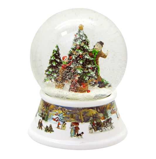Schneekugel Weihnachtsbaum schmücken mit Geschenken auf Sockel nostalgische Schneelandschaft mit Spieluhr 10 cm Durchmesser - Schneekugelhaus