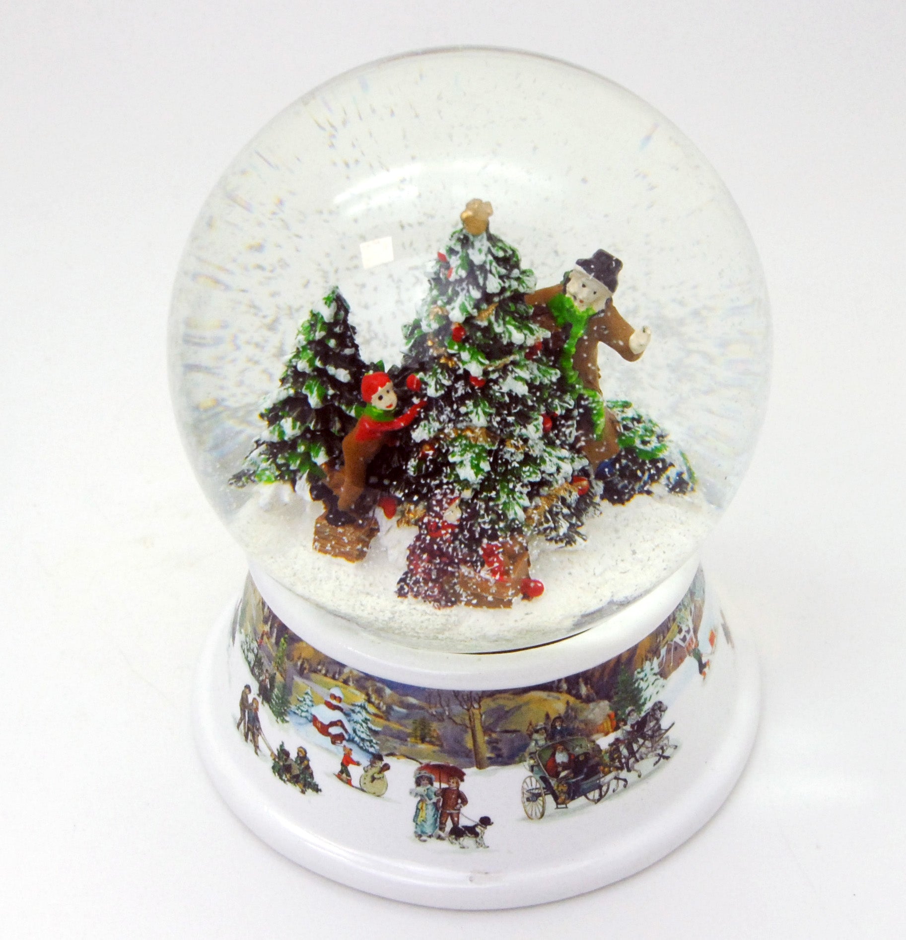 Schneekugel Weihnachtsbaum schmücken mit Geschenken auf Sockel nostalgische Schneelandschaft mit Spieluhr 10 cm Durchmesser - Schneekugelhaus