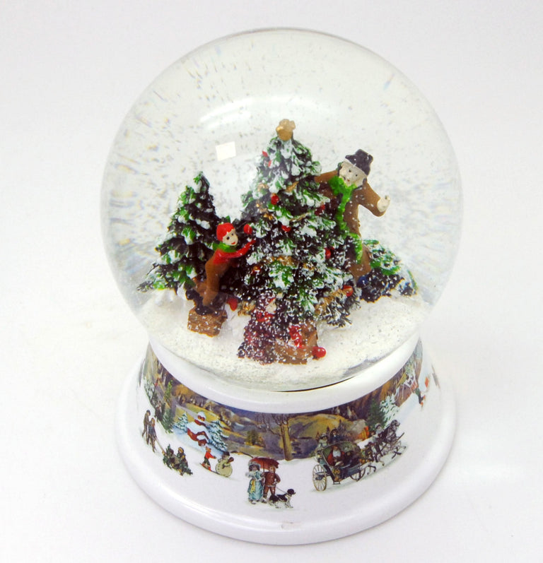 Schneekugel Weihnachtsbaum schmücken mit Geschenken auf Sockel nostalgische Schneelandschaft mit Spieluhr 10 cm Durchmesser - Schneekugelhaus