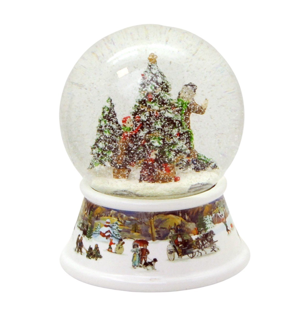 Schneekugel Weihnachtsbaum schmücken mit Geschenken auf Sockel nostalgische Schneelandschaft mit Spieluhr 10 cm Durchmesser - Schneekugelhaus