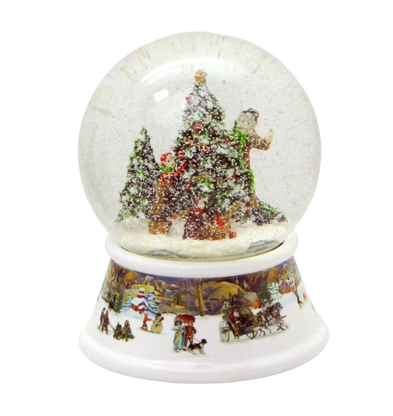 Schneekugel Weihnachtsbaum schmücken mit Geschenken auf Sockel nostalgische Schneelandschaft mit Spieluhr 10 cm Durchmesser - Schneekugelhaus
