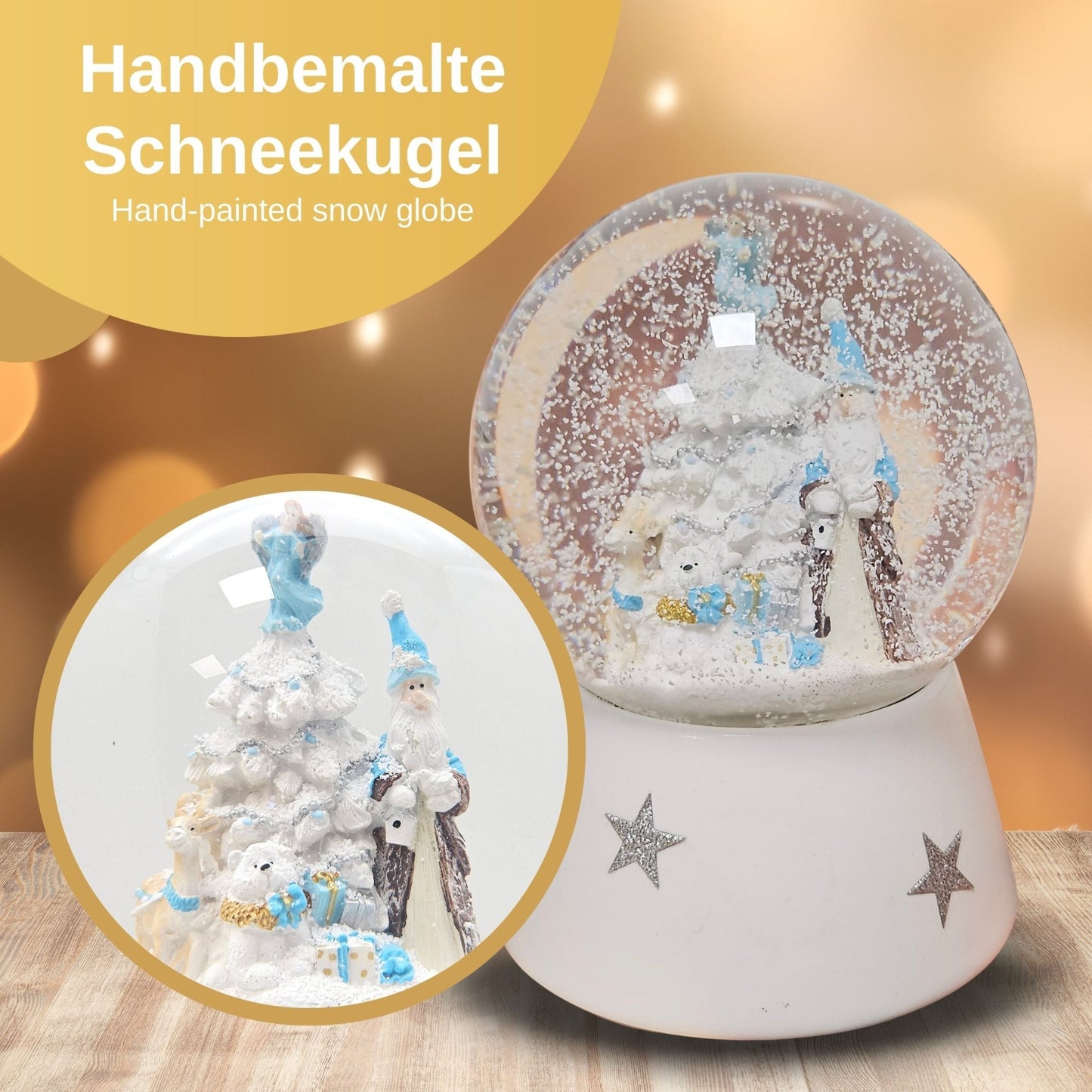 Schneekugel Weihnachtsmann mit Spieluhr, blau silber - 120 mm Durchmesser - Schneekugelhaus