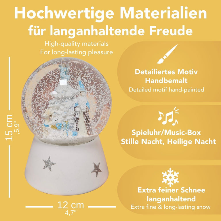 Schneekugel Weihnachtsmann mit Spieluhr, blau silber - 120 mm Durchmesser - Schneekugelhaus