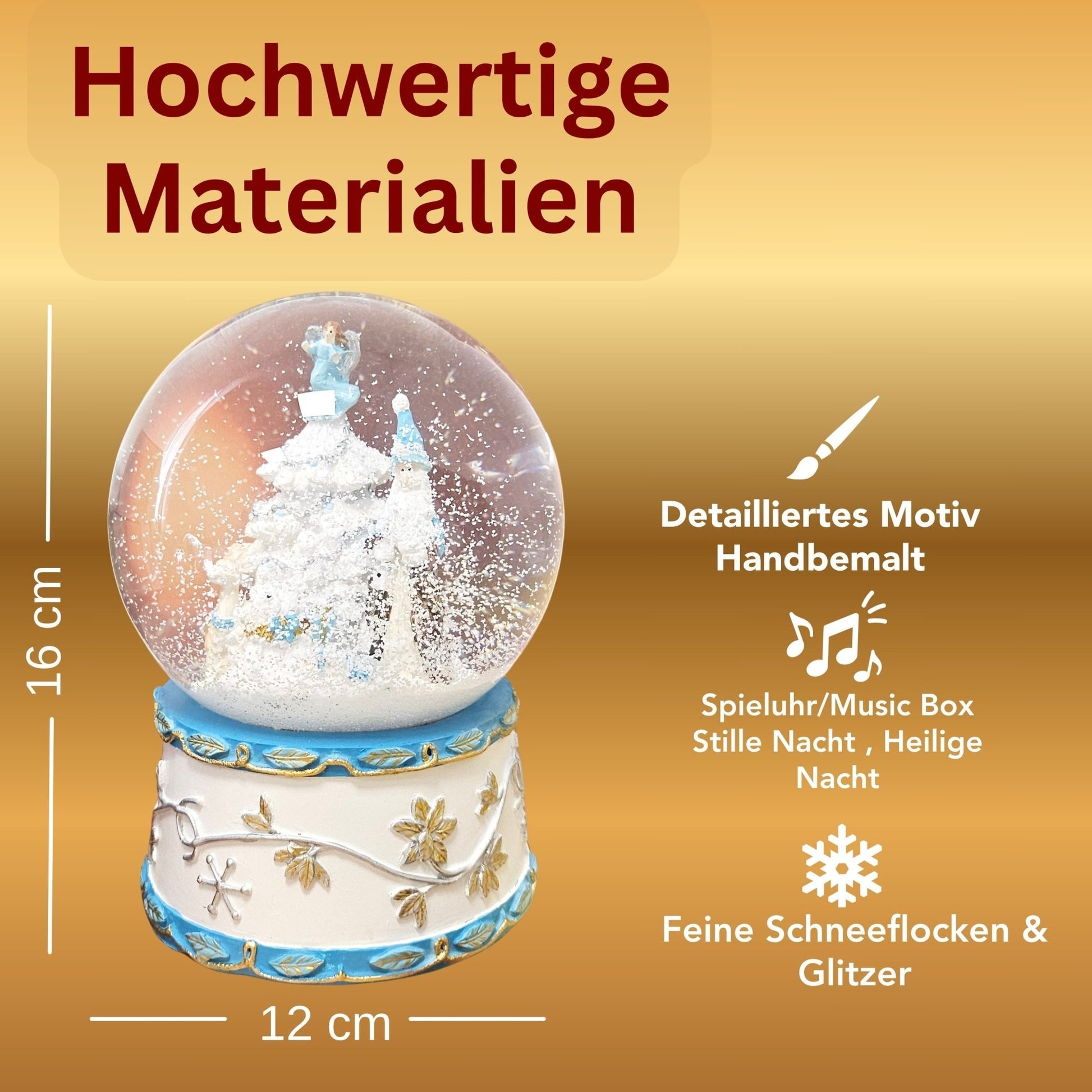 Schneekugel Weihnachtsmann mit Spieluhr, blau silber - 120 mm Durchmesser - Schneekugelhaus