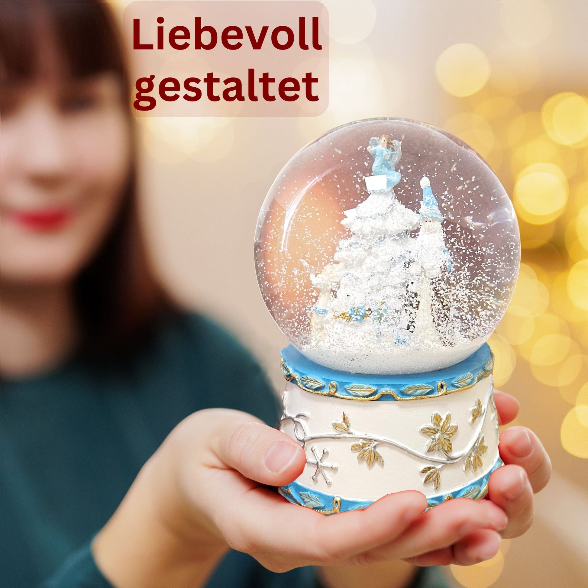Schneekugel Weihnachtsmann mit Spieluhr, blau silber - 120 mm Durchmesser - Schneekugelhaus