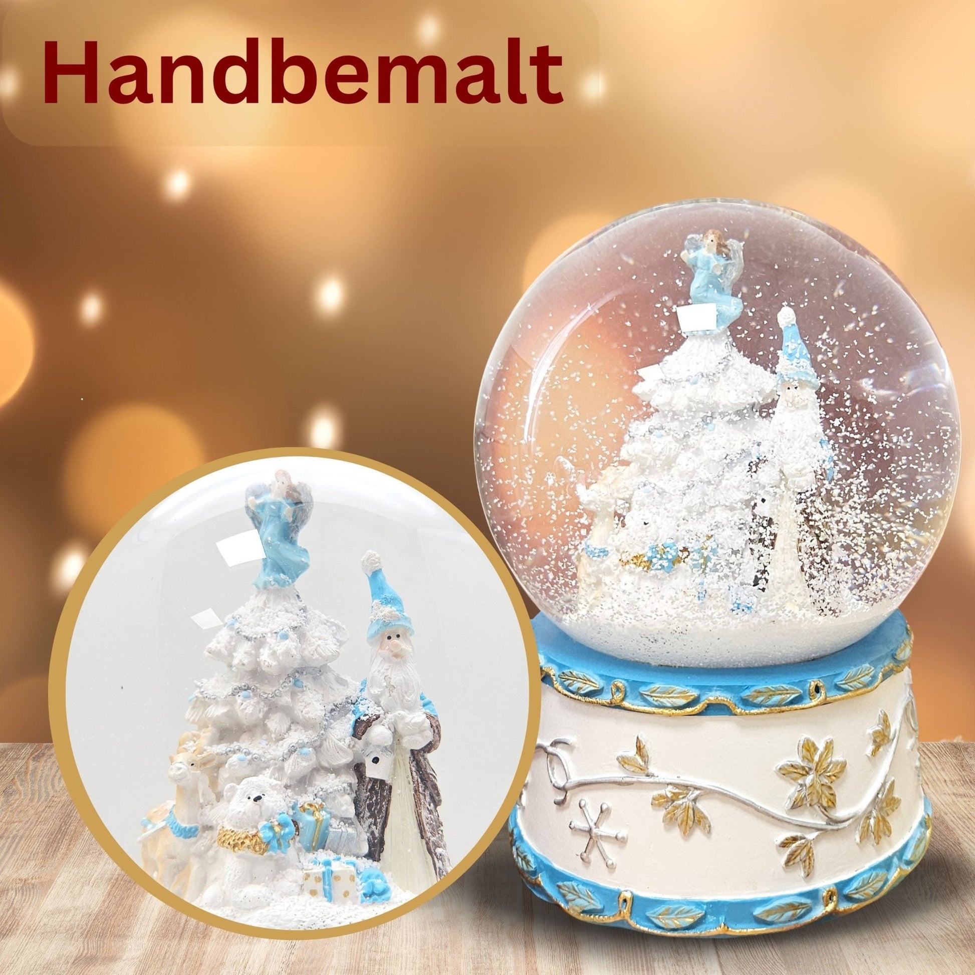 Schneekugel Weihnachtsmann mit Spieluhr, blau silber - 120 mm Durchmesser - Schneekugelhaus