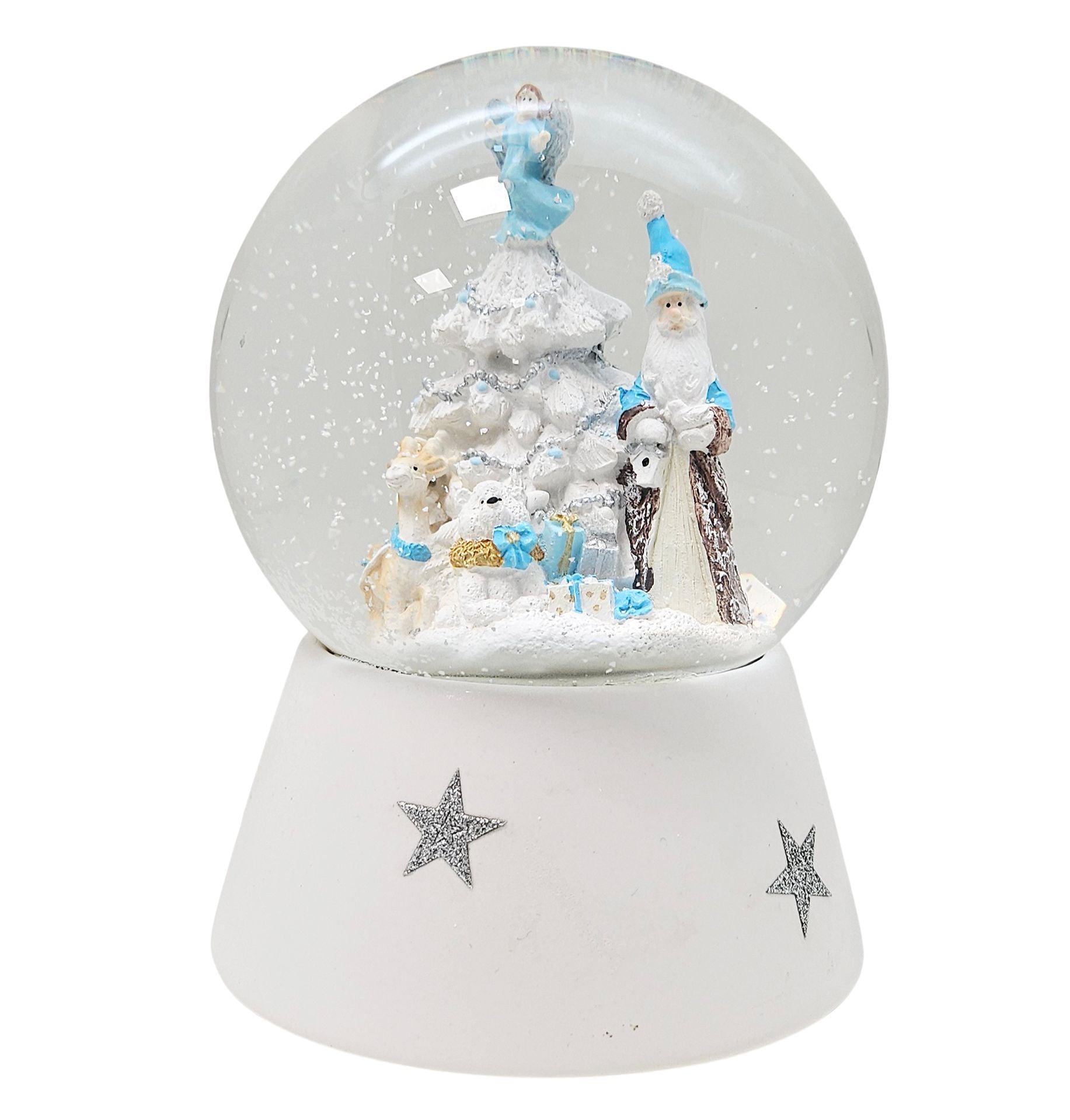 Schneekugel Weihnachtsmann mit Spieluhr, blau silber - 120 mm Durchmesser - Schneekugelhaus