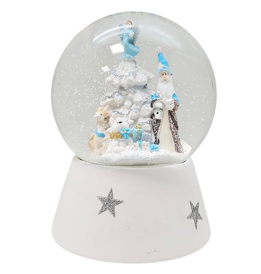Schneekugel Weihnachtsmann mit Spieluhr, blau silber - 120 mm Durchmesser - Schneekugelhaus