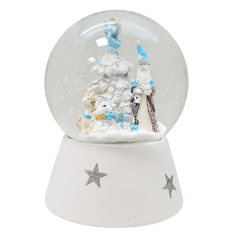 Schneekugel Weihnachtsmann mit Spieluhr, blau silber - 120 mm Durchmesser - Schneekugelhaus