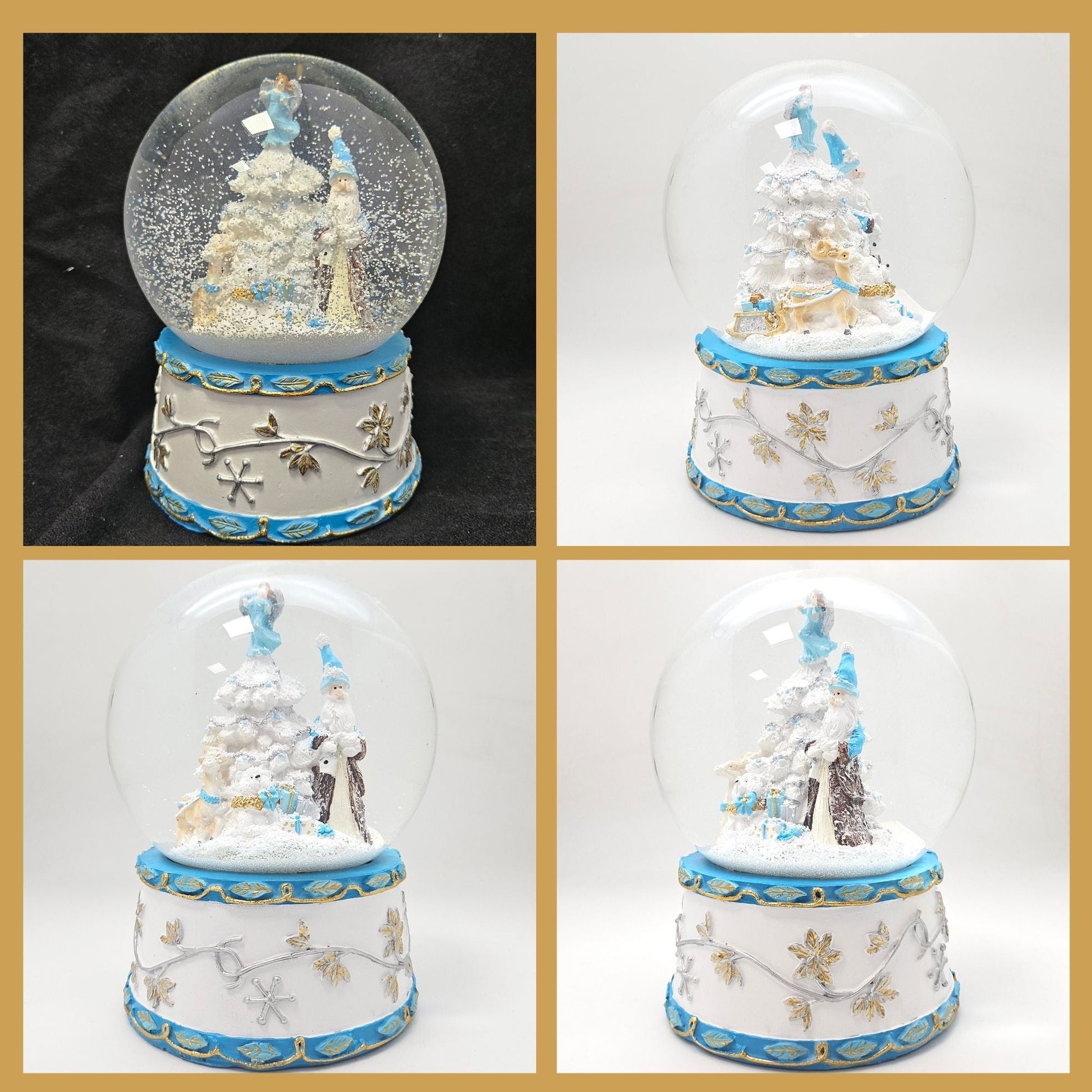 Schneekugel Weihnachtsmann mit Spieluhr, blau silber - 120 mm Durchmesser - Schneekugelhaus